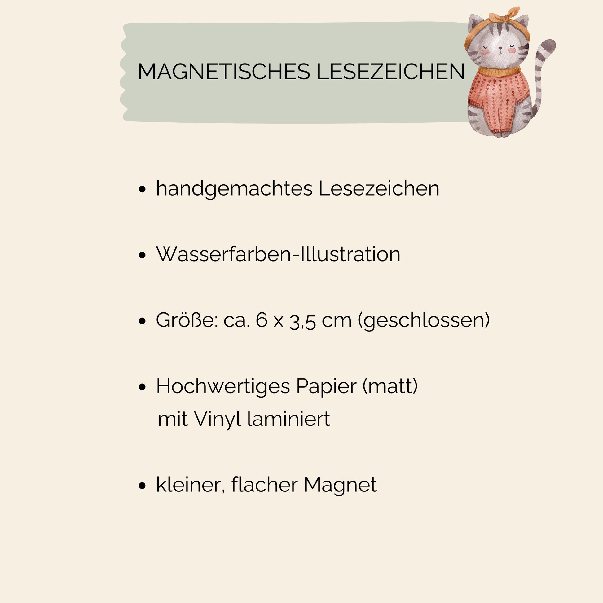 Magnetisches Lesezeichen Katze, zeigt eine Katze in rotem Shirt; ideal für Buchliebhaber, handgemalt und auf mattes Papier mit Vinylschutz gedruckt.