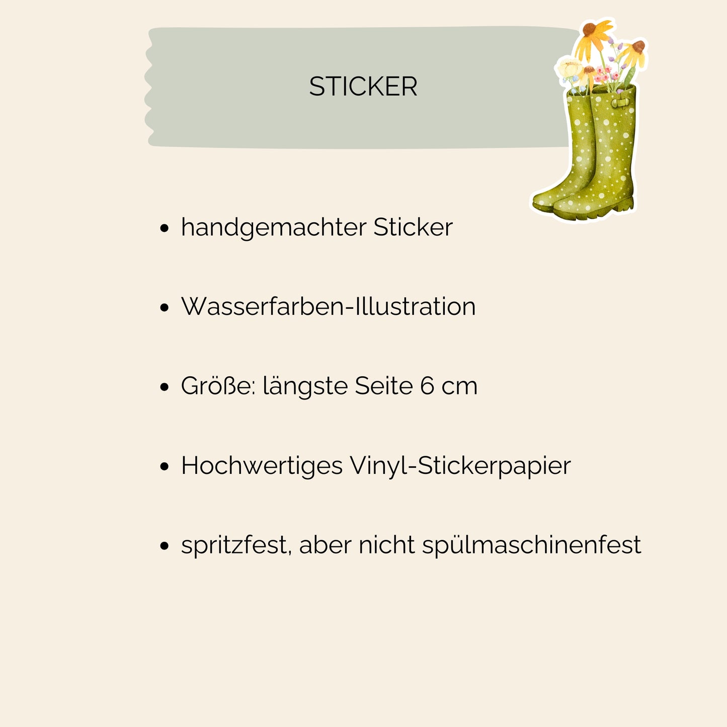 Sticker Wildblumen: Handgemalter Vinyl-Aufkleber zeigt grüne Stiefel mit Wildblumen. Perfekt für Bullet Journals und mehr. Langlebig und spritzfest.