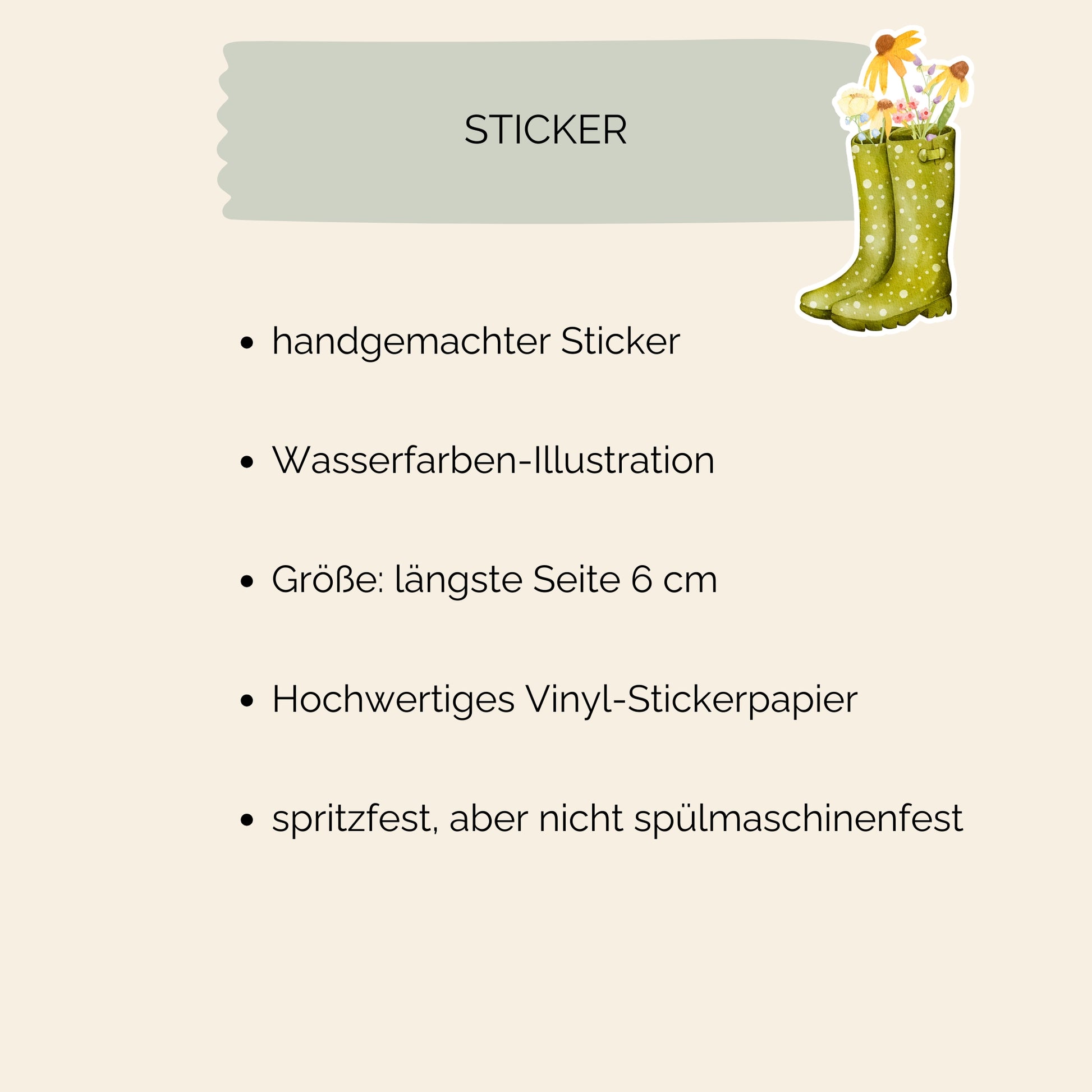 Sticker Wildblumen: Handgemalter Vinyl-Aufkleber zeigt grüne Stiefel mit Wildblumen. Perfekt für Bullet Journals und mehr. Langlebig und spritzfest.