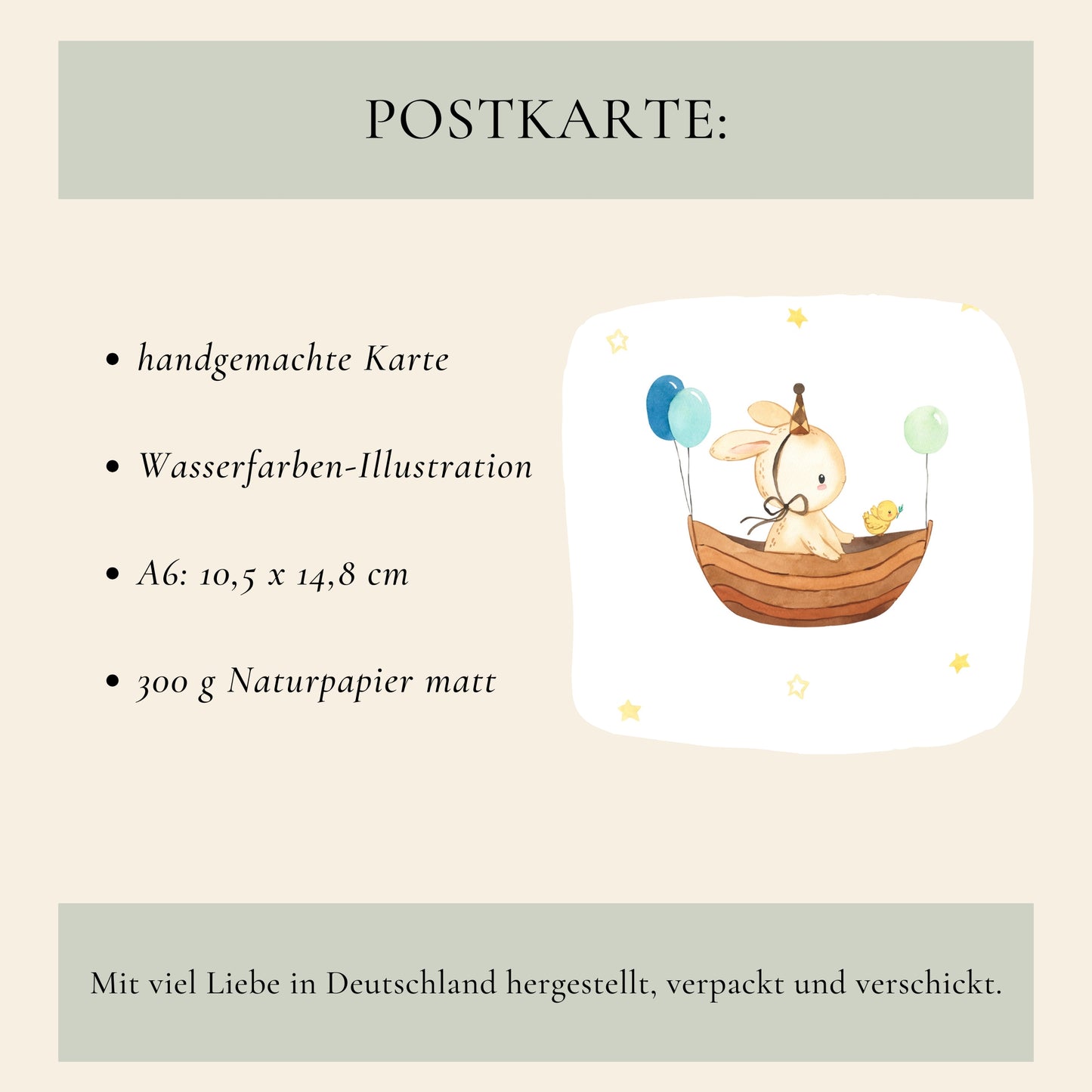 Personalisierte Geburtskarte Hase & Luftschiff A6 mit handgemalter Aquarell-Illustration eines Hasen im Boot, umgeben von Luftballons, auf mattiertem 300g Naturpapier.