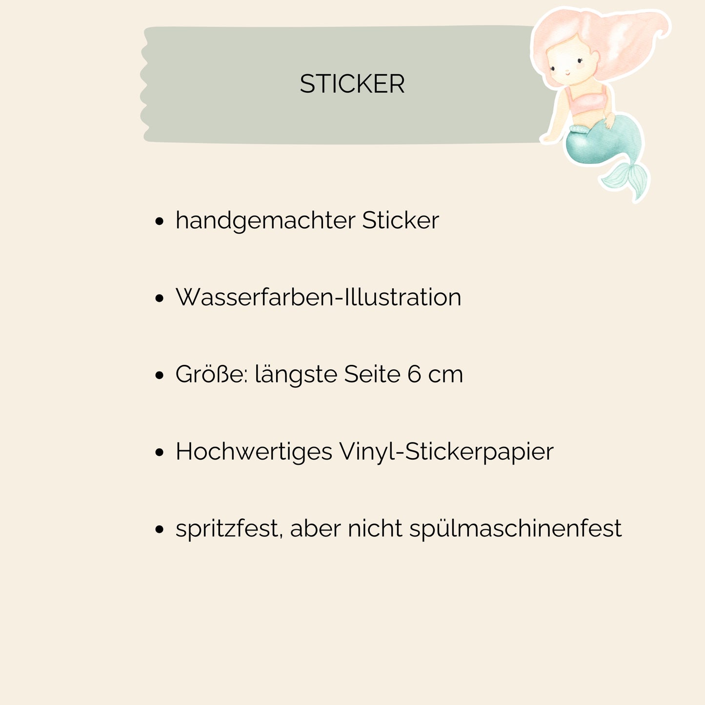 Sticker Meerjungfrau rosa: Handgemalter, spritzfester Vinyl-Sticker mit cartoonartiger Meerjungfrau in Pastelltönen. Ideal für Bullet Journals, Laptops oder Bastelprojekte.