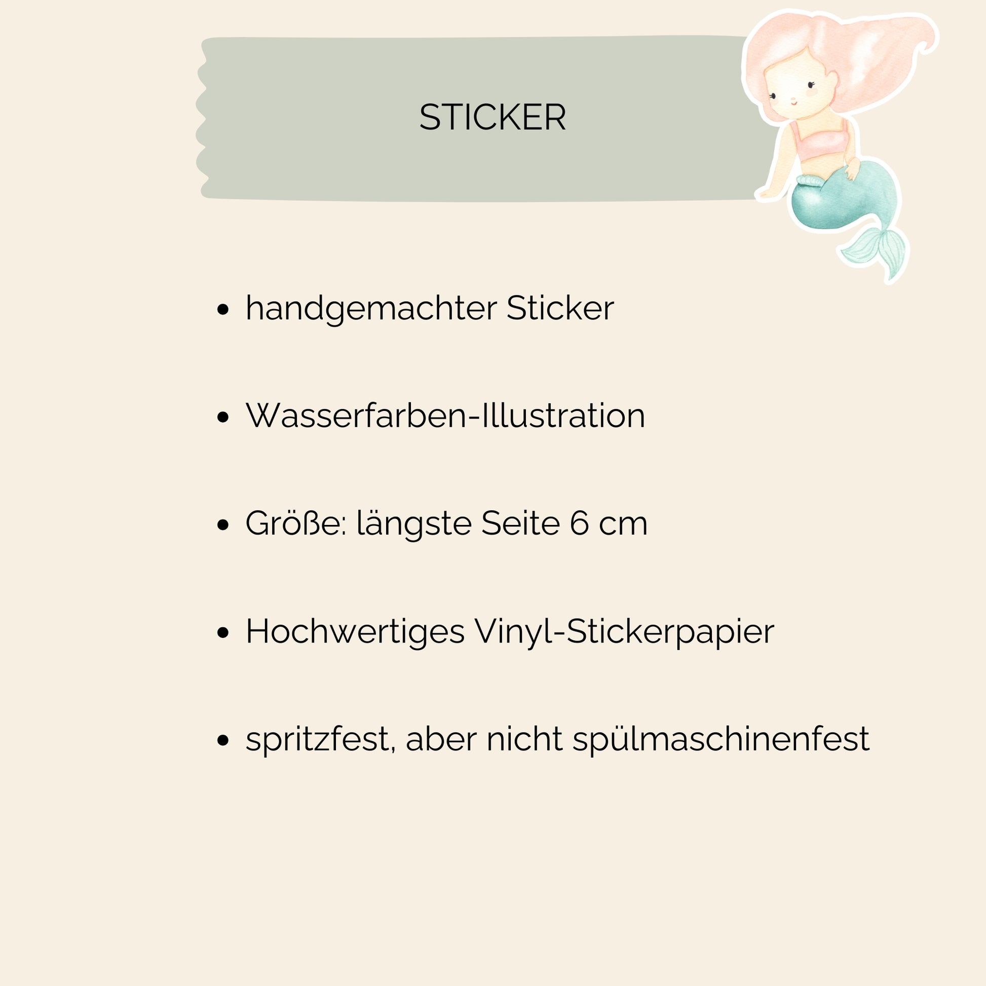 Sticker Meerjungfrau rosa: Handgemalter, spritzfester Vinyl-Sticker mit cartoonartiger Meerjungfrau in Pastelltönen. Ideal für Bullet Journals, Laptops oder Bastelprojekte.