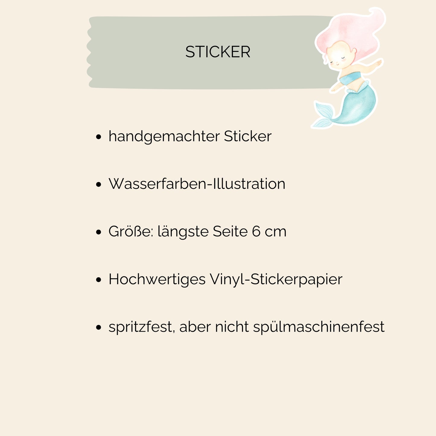 Sticker Meerjungfrau pink: Handgemalter Vinylsticker einer Meerjungfrau in pastellfarbenem Design, ideal für Dekoration und Bastelprojekte, spritzfest und langlebig.