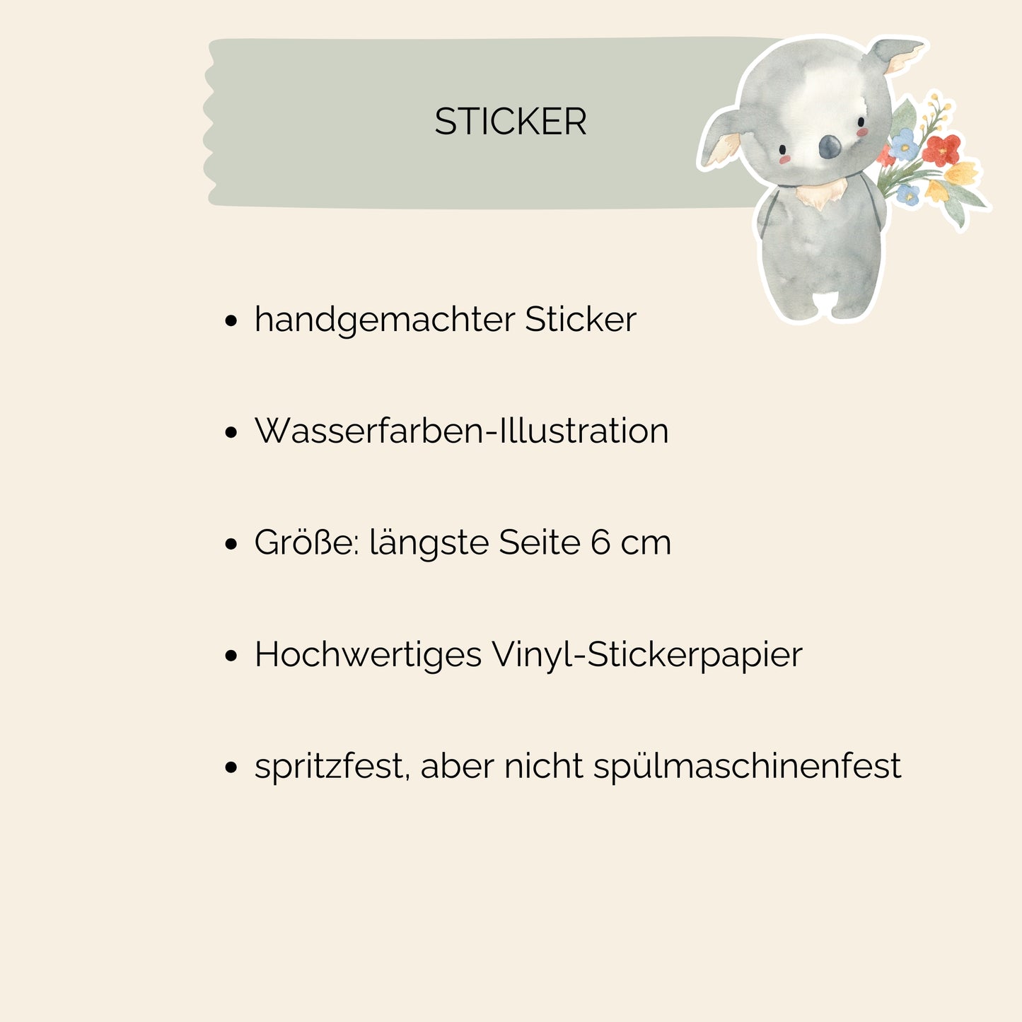 Sticker Koala & Blumen: Cartoon-Koala mit Blumenstrauß, hochwertiger Vinyl-Aufkleber, langlebig und spritzfest. Perfekt für Bullet Journals, Laptops oder Bastelarbeiten.