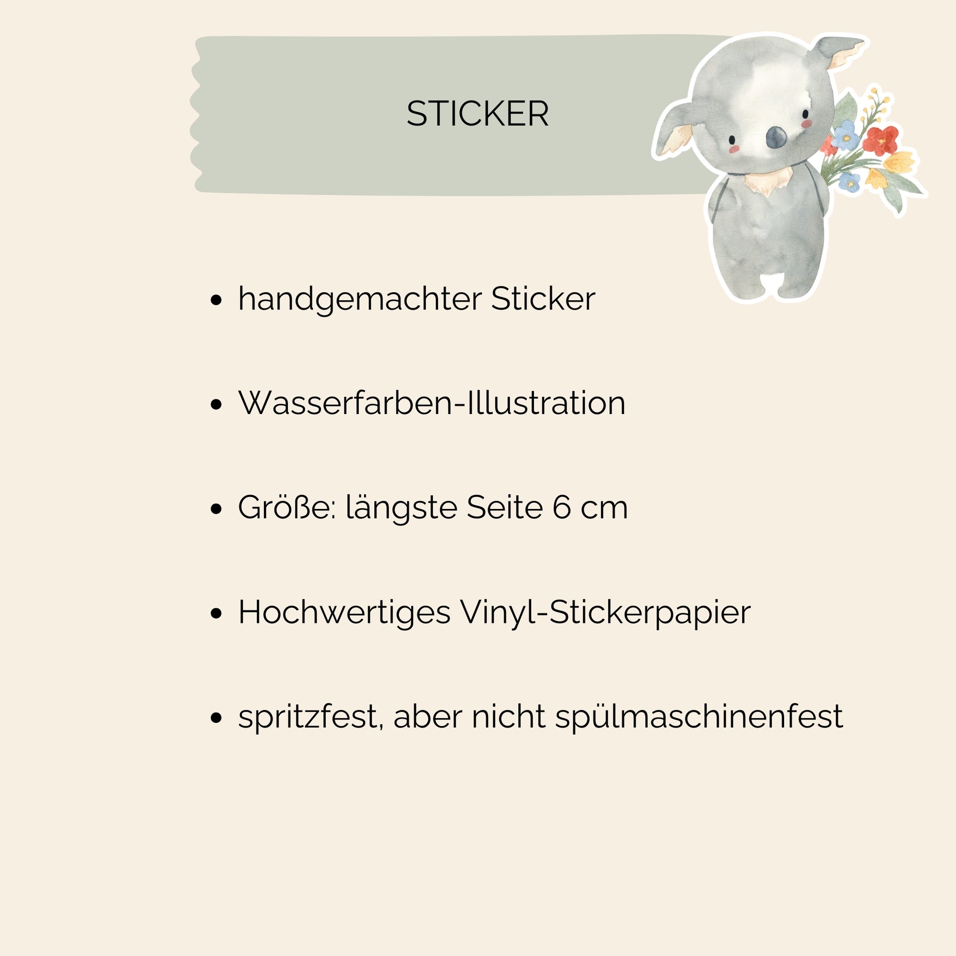 Sticker Koala & Blumen: Cartoon-Koala mit Blumenstrauß, hochwertiger Vinyl-Aufkleber, langlebig und spritzfest. Perfekt für Bullet Journals, Laptops oder Bastelarbeiten.