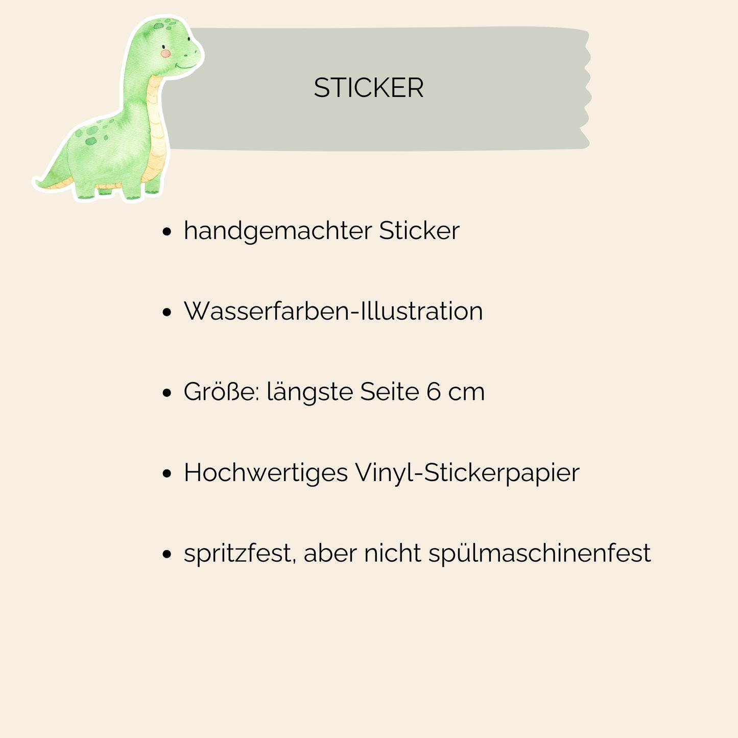 Sticker Dinosaurier hellgrün: Handgemalte Illustration eines grünen Dinosauriers auf hochwertigem Vinyl, ideal für Notizbücher, Laptops und Bastelprojekte.