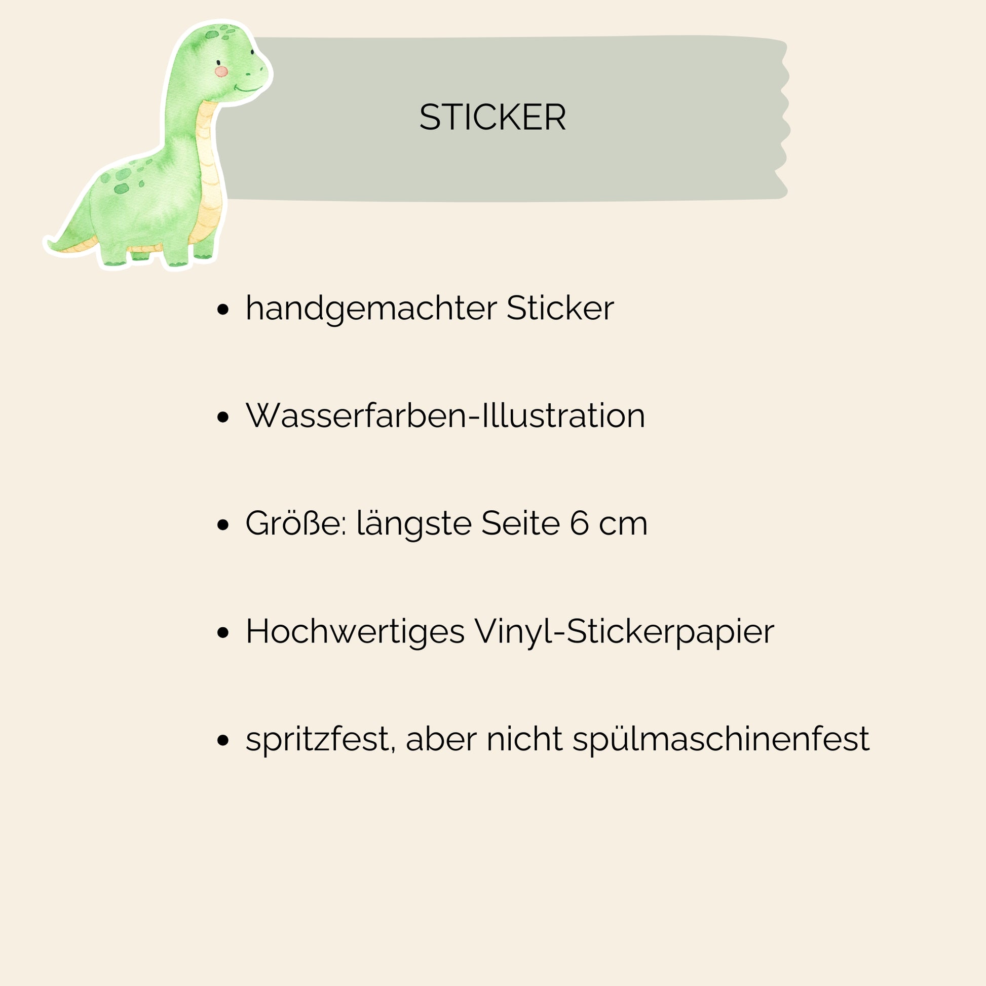 Sticker Dinosaurier hellgrün: Handgemalte Illustration eines grünen Dinosauriers auf hochwertigem Vinyl, ideal für Notizbücher, Laptops und Bastelprojekte.