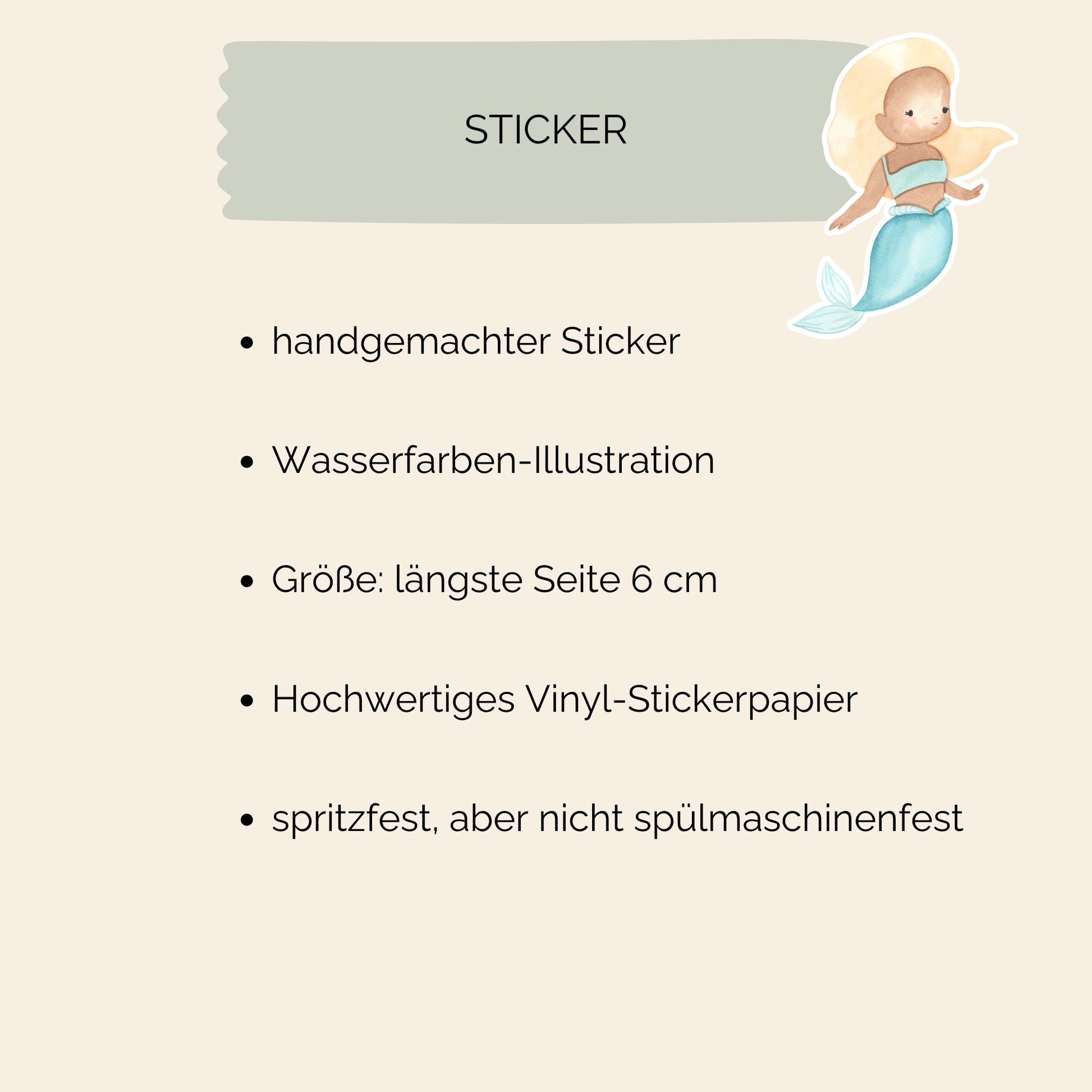 Sticker Meerjungfrau blond mit pastellfarbenem, handgemaltem Design. Hochwertiger, spritzfester Vinyl-Sticker, ideal für Bullet Journals, Laptops oder Handyhüllen. Größe: ca. 6 x 3,5 cm.