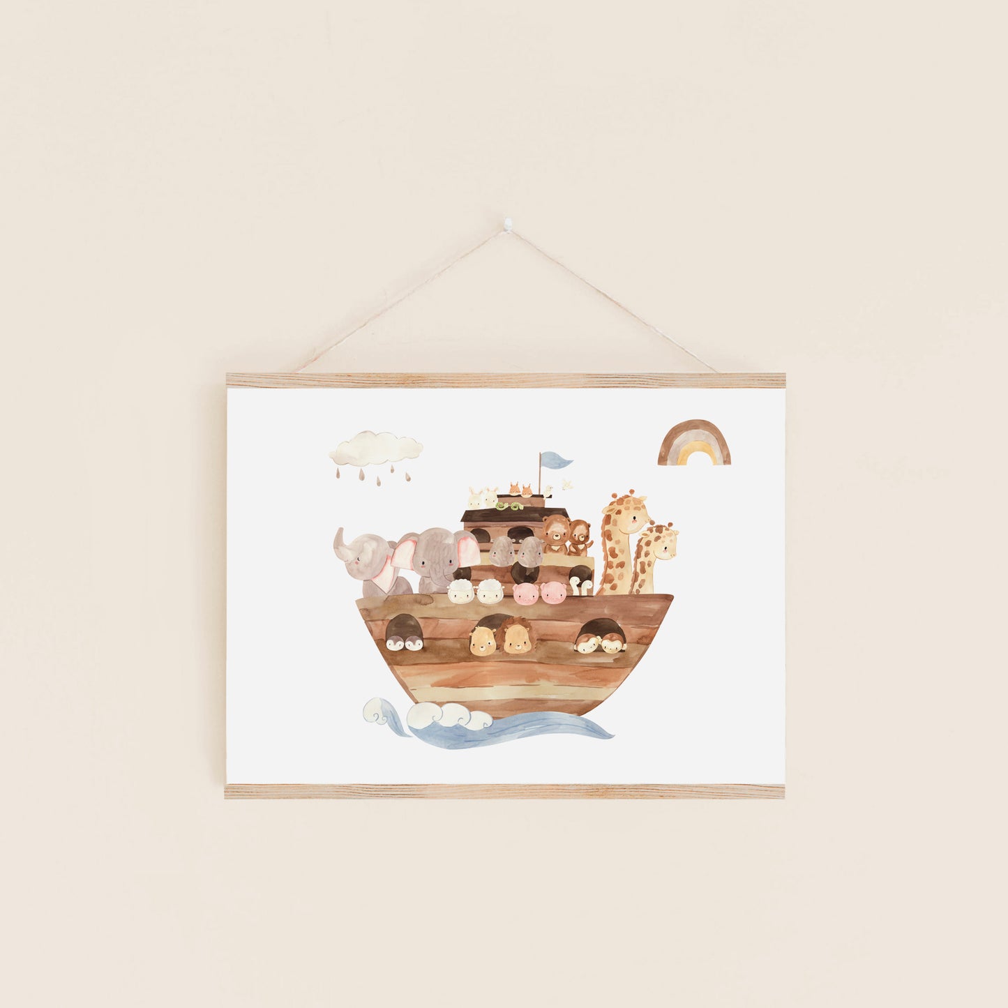 Poster Arche Noah A4 & A3, zeigt Aquarell eines Bootes mit Tieren, ideal für Kinderzimmerdeko oder als Geschenk zur Geburt und Taufe.