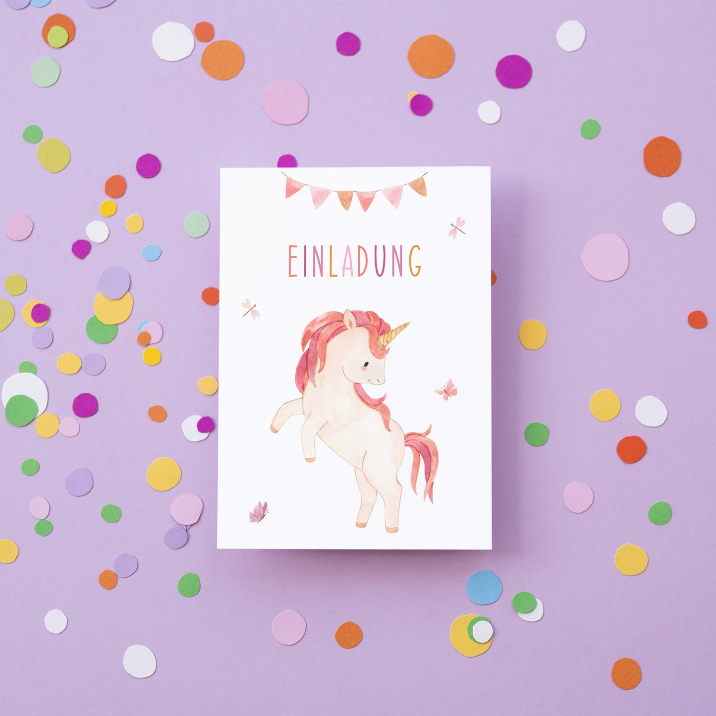 Einladung Kindergeburtstag Einhorn A6: Karte mit liebevollem Einhorn-Design, ideal für Kindergeburtstage. Hochwertiges mattes Naturpapier, einfach auszufüllen.