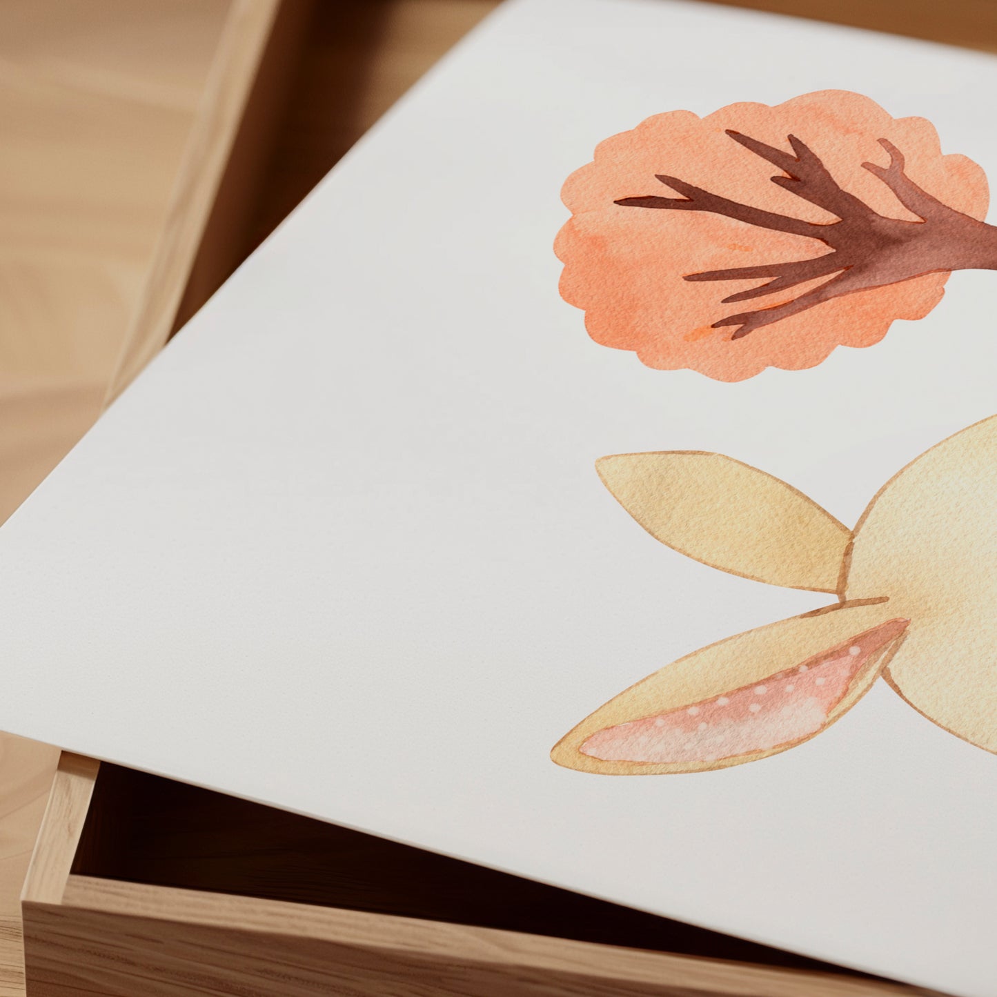 Poster Hase mit Tee & Herbstlaub, ideal als Kinderzimmerdeko oder Geschenk, auf hochwertigem 300g Naturpapier in A4 und A3, ohne Rahmen erhältlich.