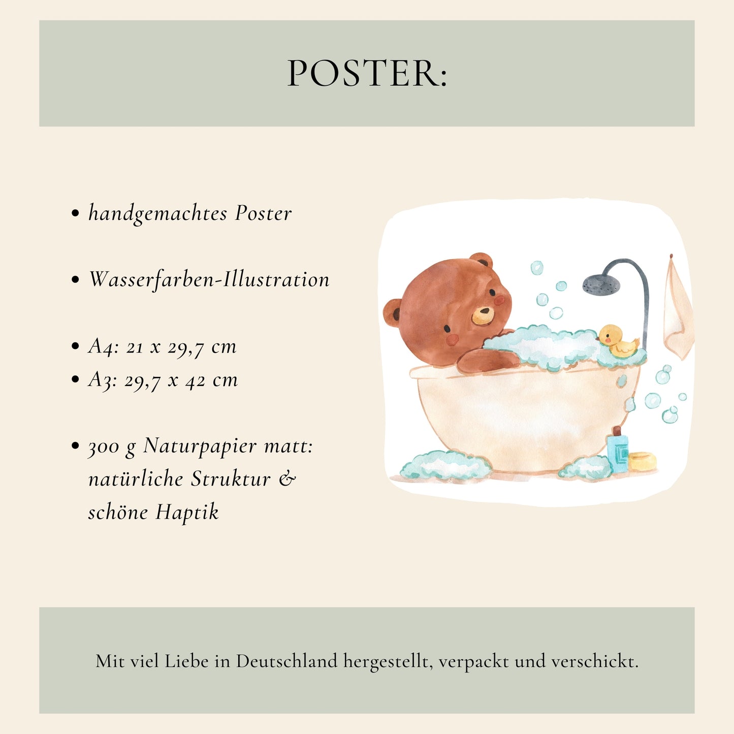 Poster Bär in Badewanne A3&A4 zeigt einen braunen Teddy im Bade mit Ente, gedruckt auf 300g mattes, FSC-zertifiziertes Papier, in zwei Größen verfügbar.