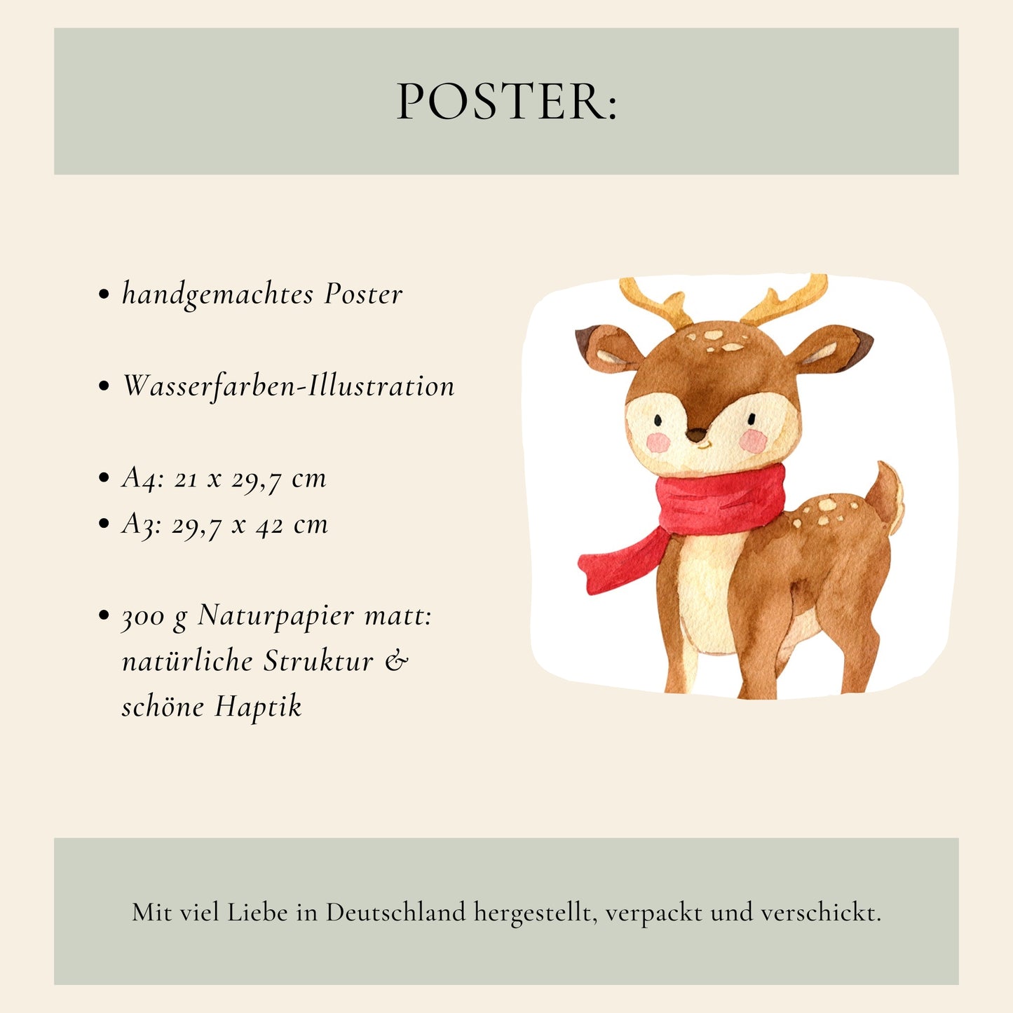 Weihnachtsposter Reh mit Schal A3, A4 & A5