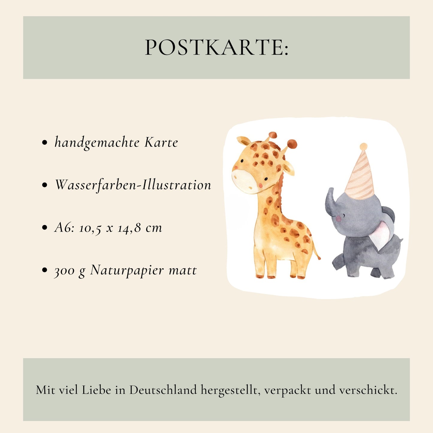 Einladung Kindergeburtstag Tiere A6: Handgemachte Postkarte mit Aquarell-Giraffe und Elefanten, 300g Naturpapier, A6-Format. In Deutschland liebevoll hergestellt.