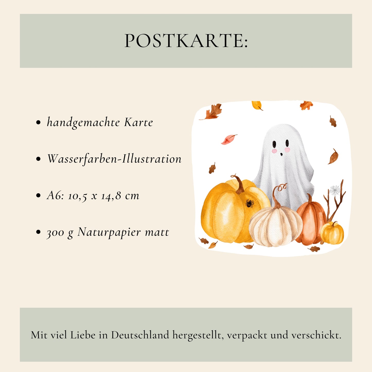 Karte Halloween - Gespenst, Kürbis, Fledermaus A6