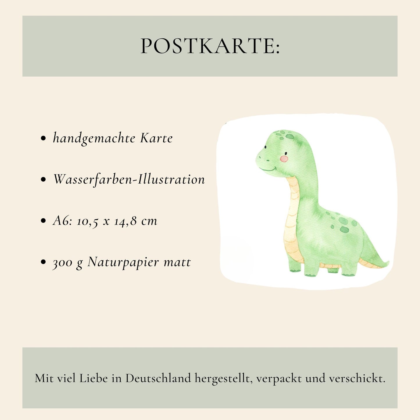Einladung Kindergeburtstag Dinosaurier A6 zeigt liebevoll gestaltete Karte mit langhalsigem Dinosaurier-Design, ideal für Kinder. Hochwertiges, mattes Naturpapier, einfach auszufüllen.