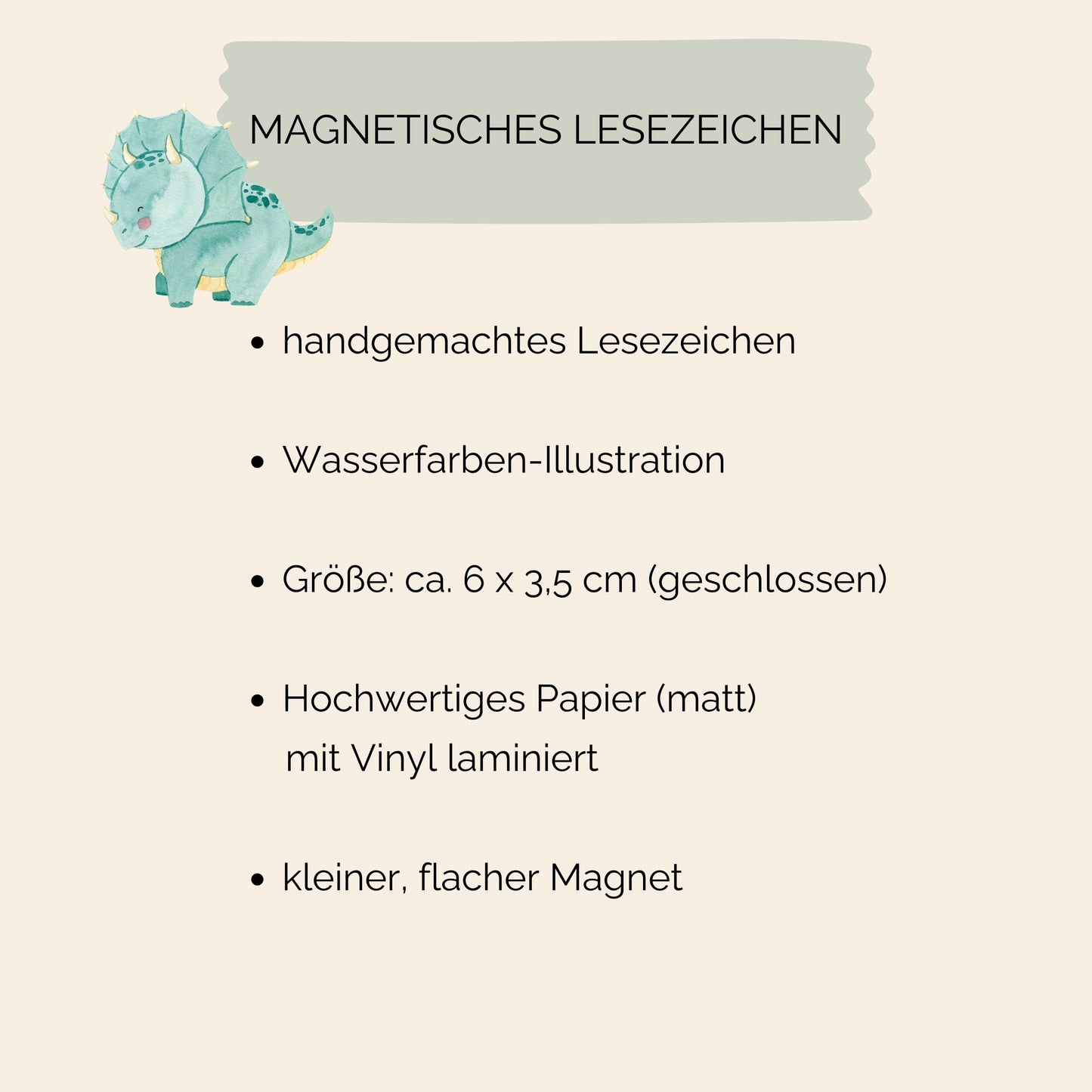 Magnetisches Lesezeichen Dino: Cartoon-Dinosaurier-Motiv, handgemalt, auf hochwertigem Papier mit Vinyl versiegelt. Ideal für Buchliebhaber, enthält kleine Magnete für sicheren Halt.