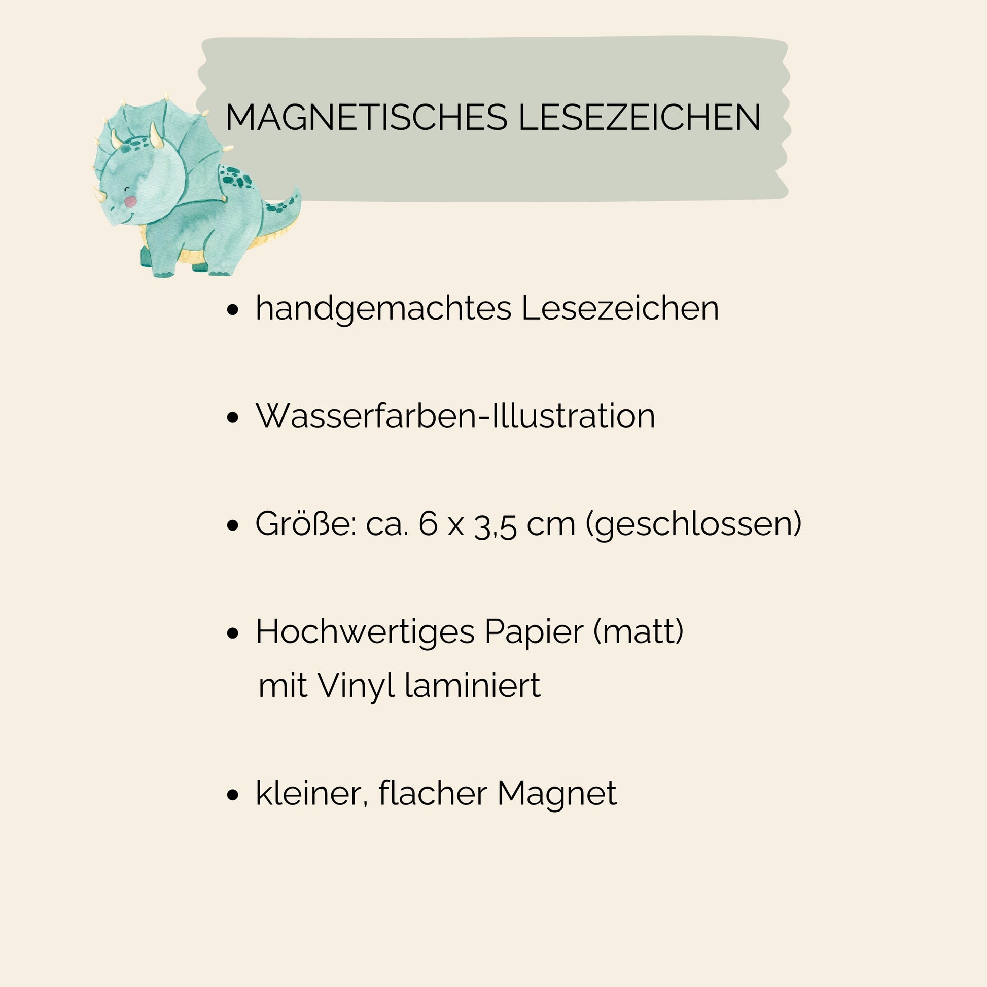 Magnetisches Lesezeichen Dino: Cartoon-Dinosaurier-Motiv, handgemalt, auf hochwertigem Papier mit Vinyl versiegelt. Ideal für Buchliebhaber, enthält kleine Magnete für sicheren Halt.