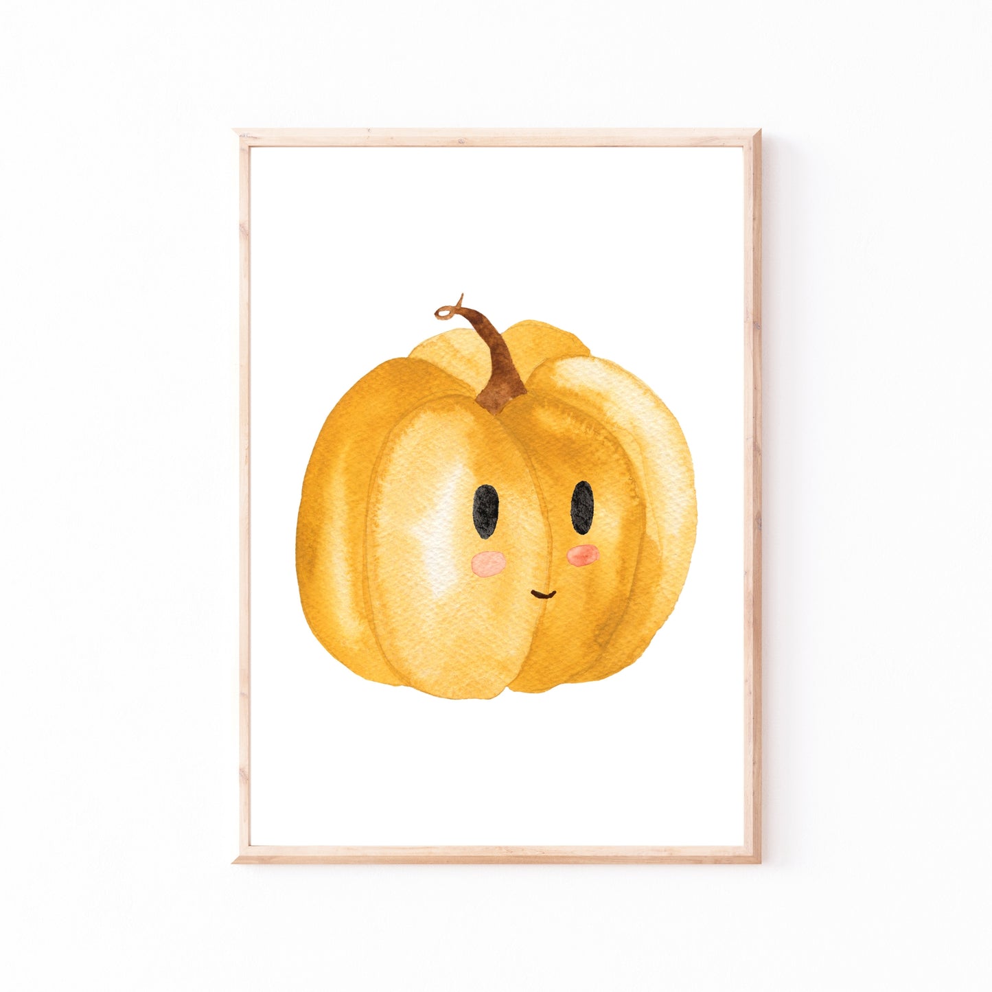 Poster für Kinder mit einer Illustration von einem fröhlichen orangefarbenen Kürbis mit lächelndem Gesicht in einem Bilderrahmen. Perfekt für Herbst-Dekoration im Kinderzimmer.
