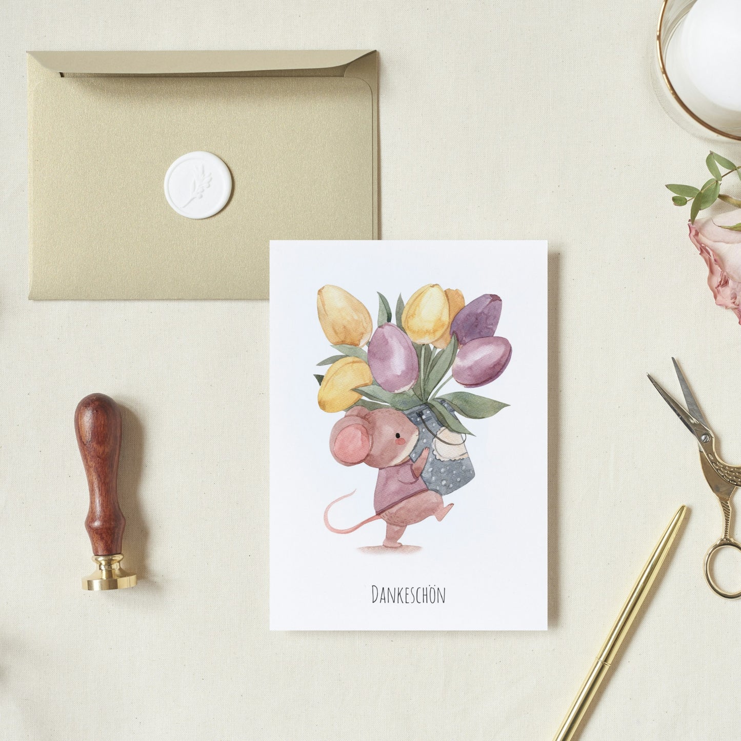 Klappkarte Dankeschön Maus mit Tulpen A6
