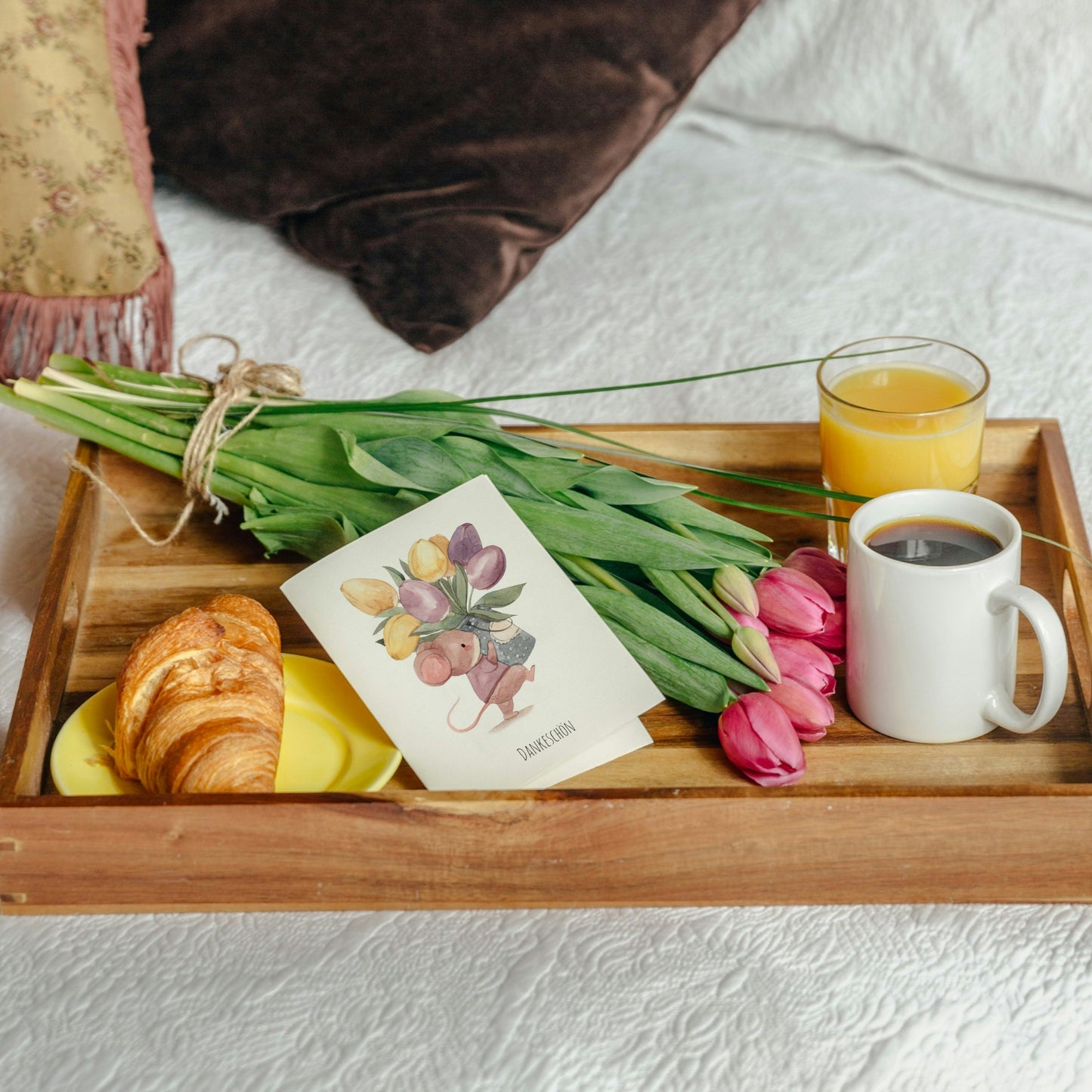 Klappkarte Dankeschön Maus mit Tulpen A6