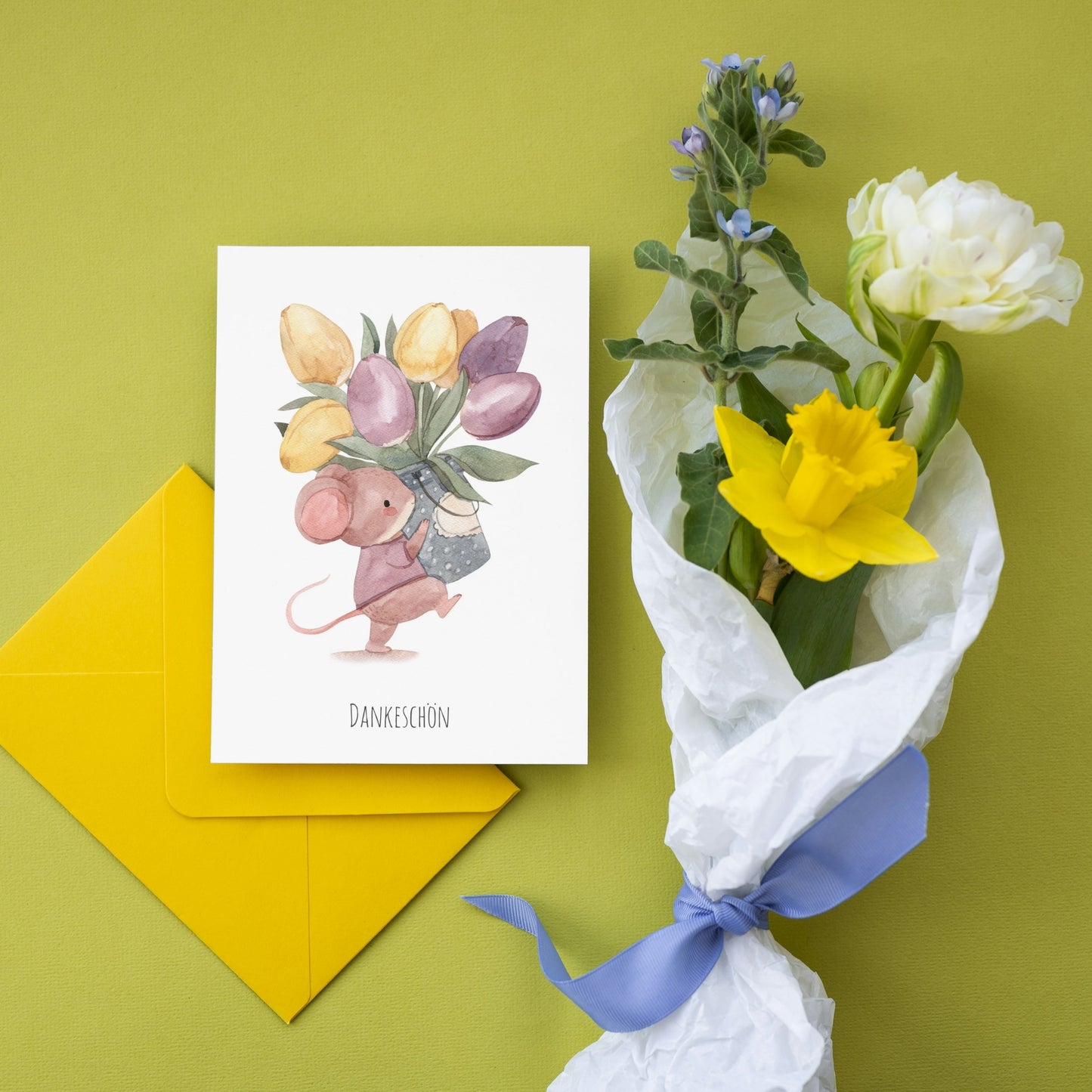 Klappkarte Dankeschön Maus mit Tulpen A6