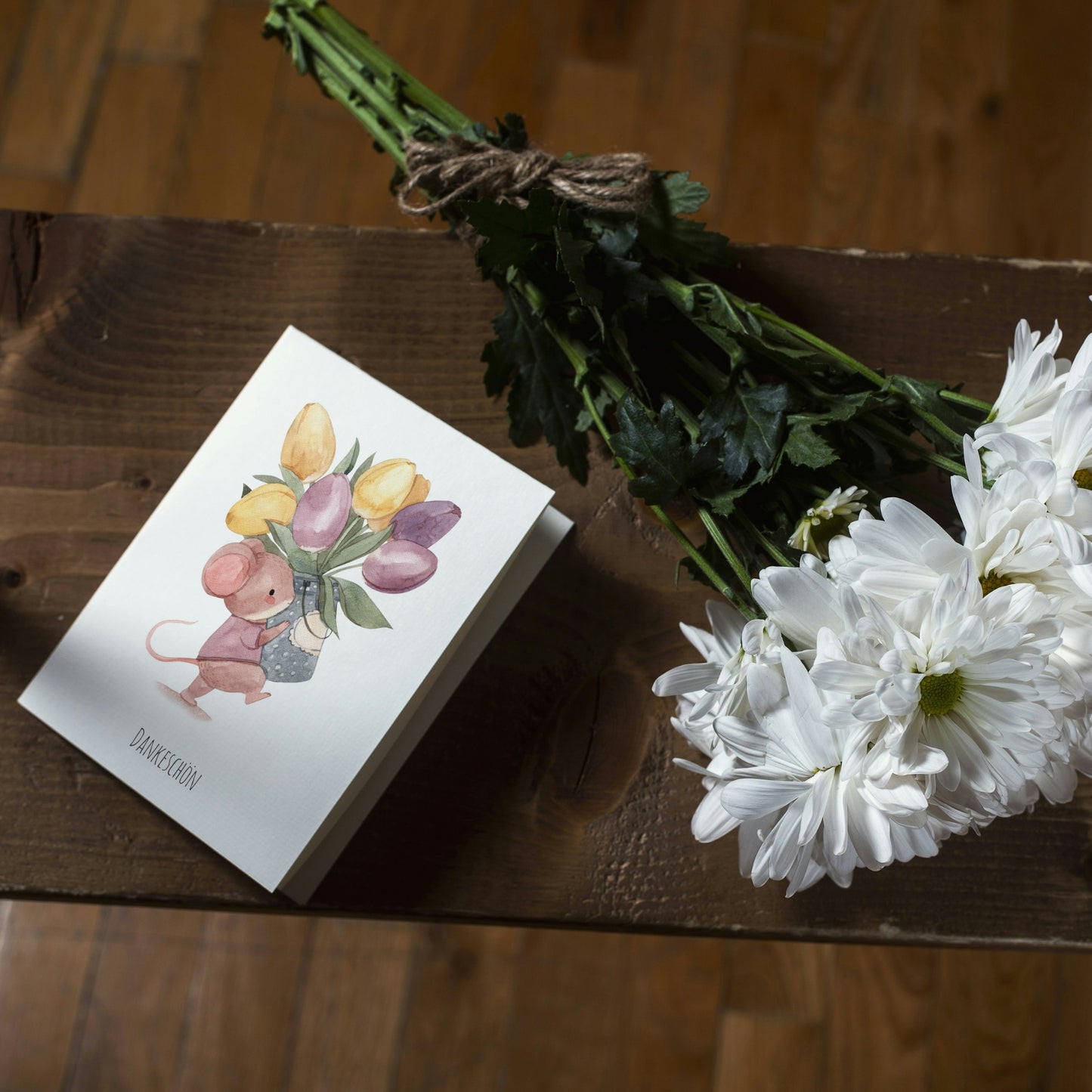 Klappkarte Dankeschön Maus mit Tulpen A6
