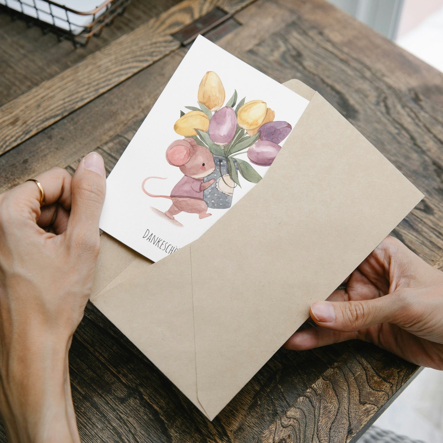 Klappkarte Dankeschön Maus mit Tulpen A6