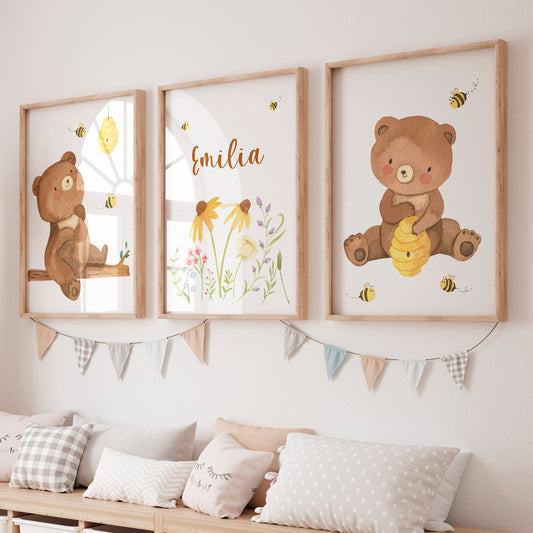 Namensposter personalisiert im 3er Set: Bären und Bienen A3 & A4