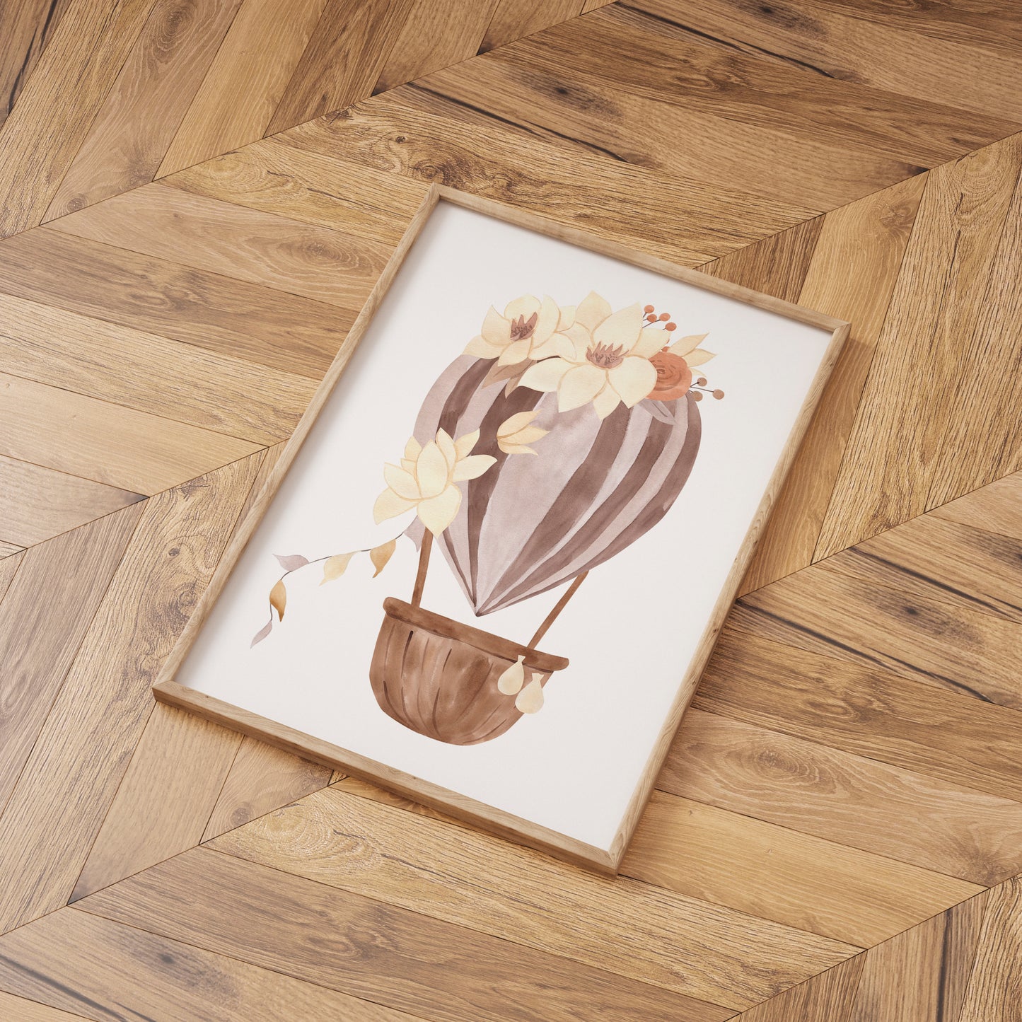 Poster Heißluftballon Streifen & Blumen, auf hochwertigem Naturpapier gedruckt, ideal für Kinderzimmerdeko. Erhältlich in A4 und A3, ohne Rahmen.