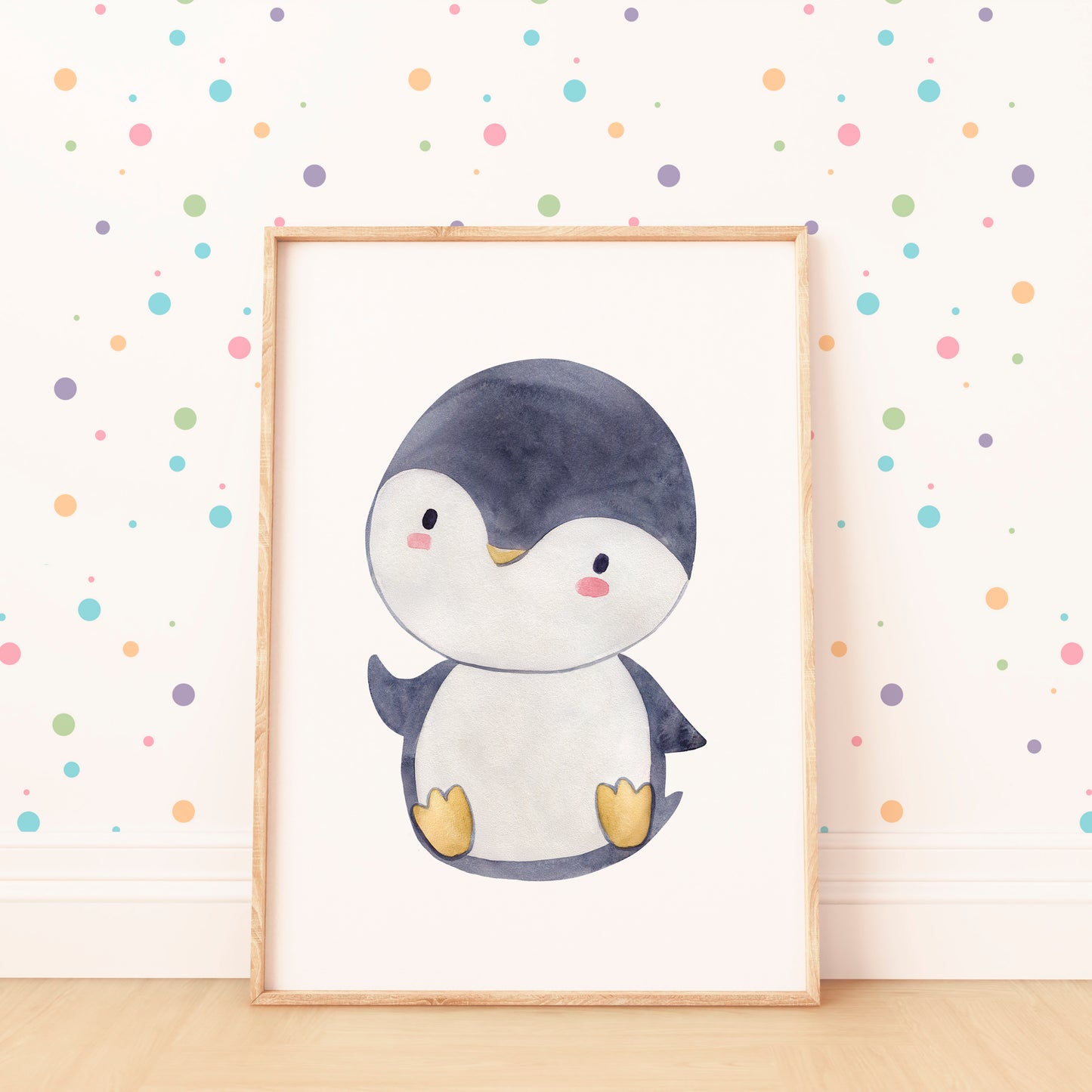 Poster Pinguin A4 & A3: Ein kindgerechtes, niedliches Pinguin-Wasserfarbenbild, ideal für Kinderzimmerdeko. Gedruckt auf hochwertigem, mattem Naturpapier.