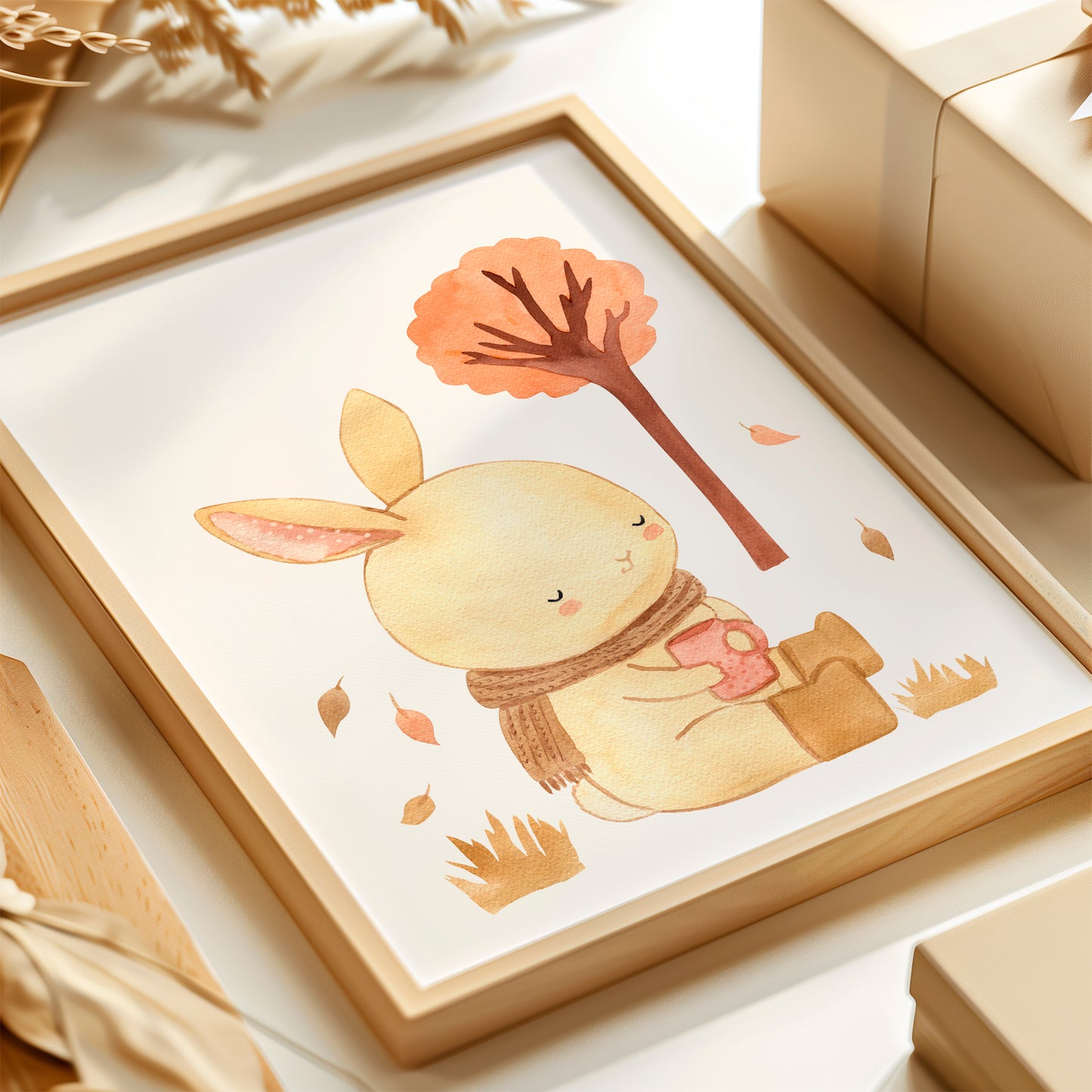 Poster Hase mit Tee & Herbstlaub A4 & A3