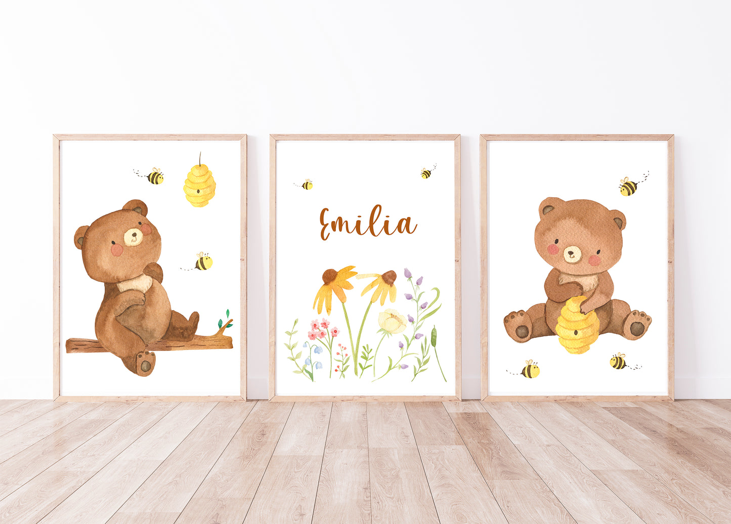 Namensposter personalisiert im 3er Set: Bären und Bienen A3 & A4