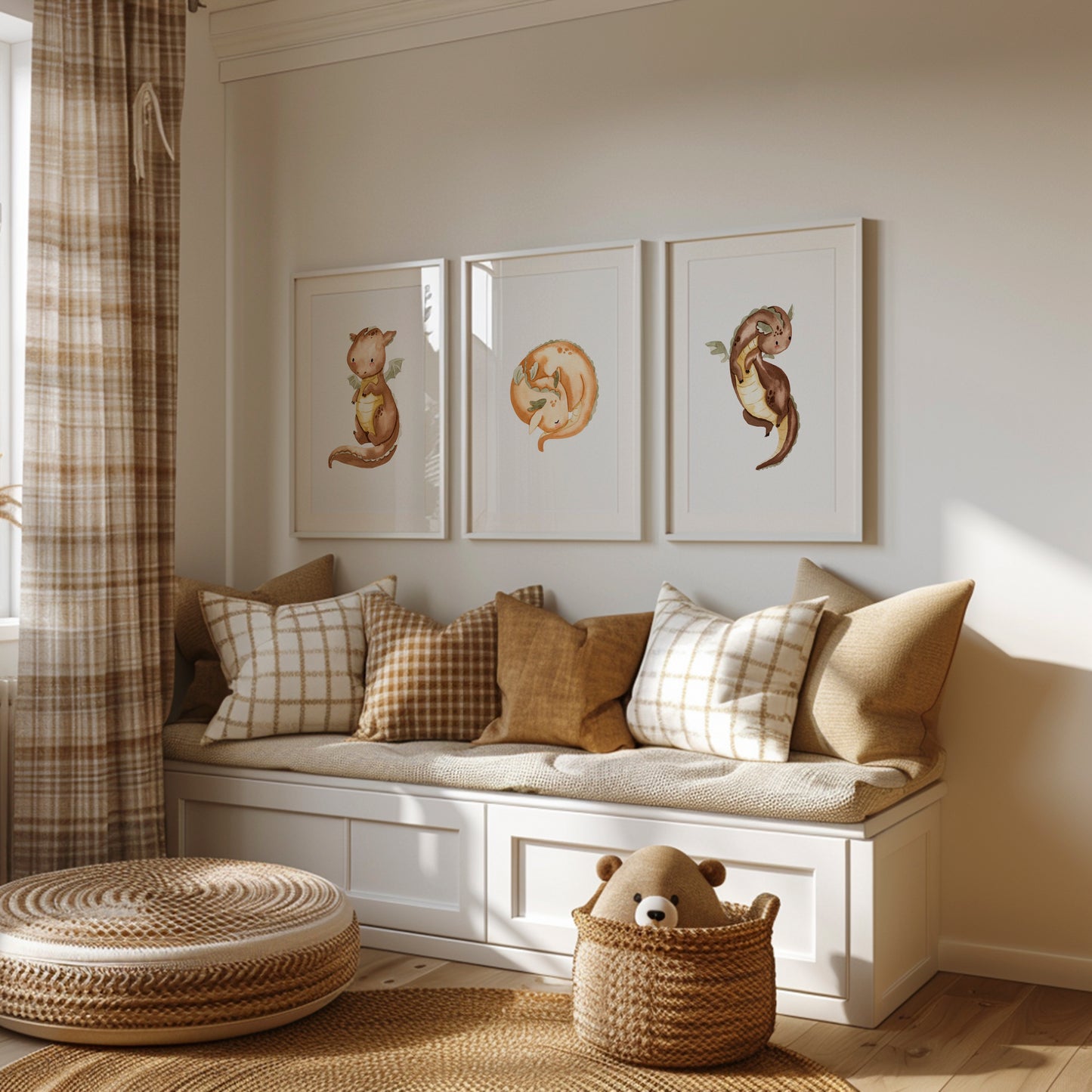 Posterset Drachen A4 & A3: Ein Kinderzimmer dekoriert mit Drachenpostern, ideal als Geschenk. Hochwertiges Naturpapier, ohne Rahmen nutzbar.