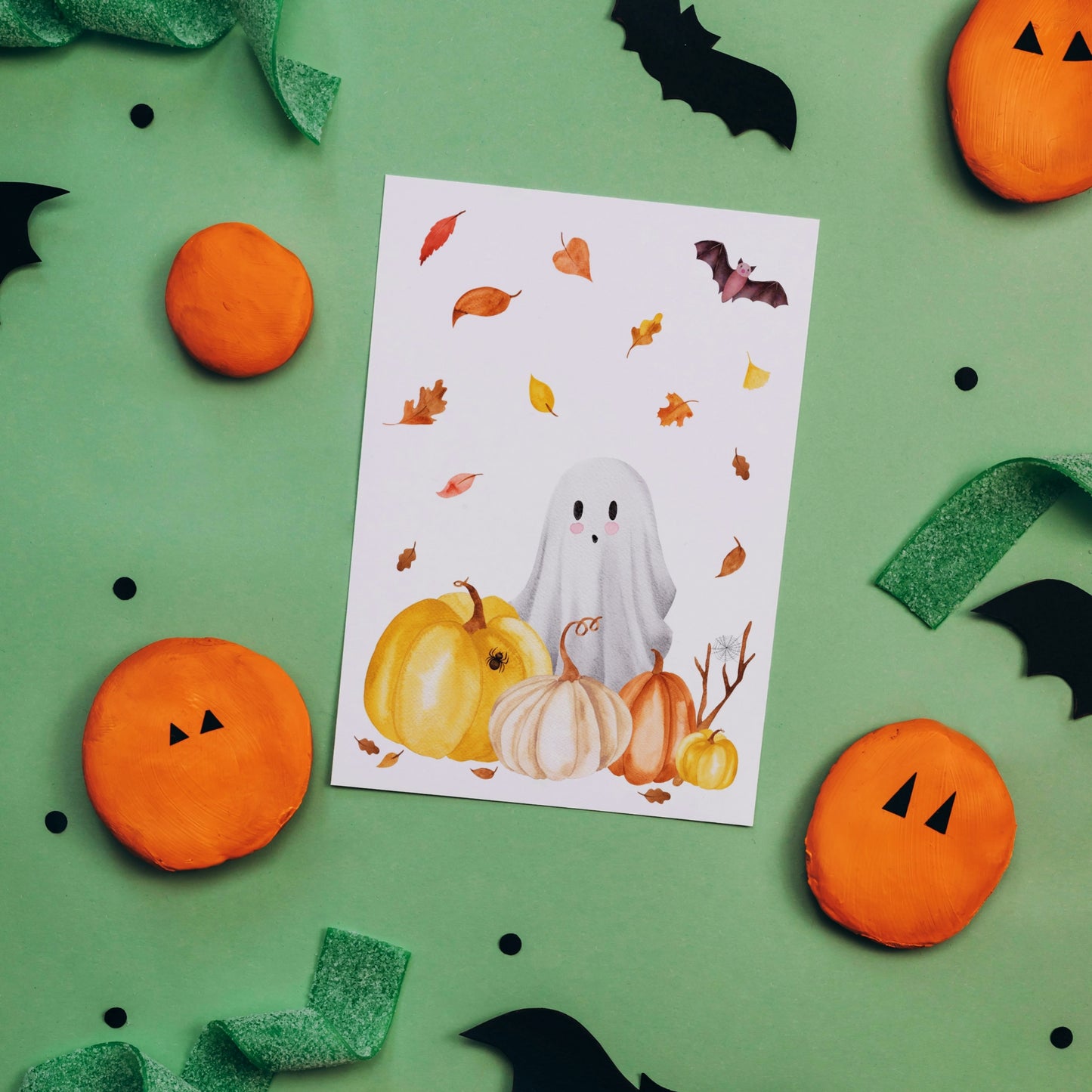 Karte Halloween - Gespenst, Kürbis, Fledermaus A6
