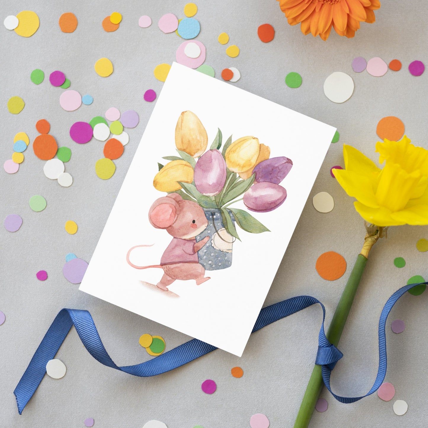 Karte Maus mit Tulpen A6