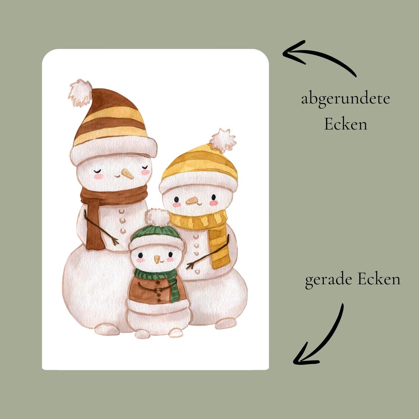 Festliche Weihnachtskarte mit Familie Schneemann Aquarell-Illustration Erklärung runde und gerade Ecken.