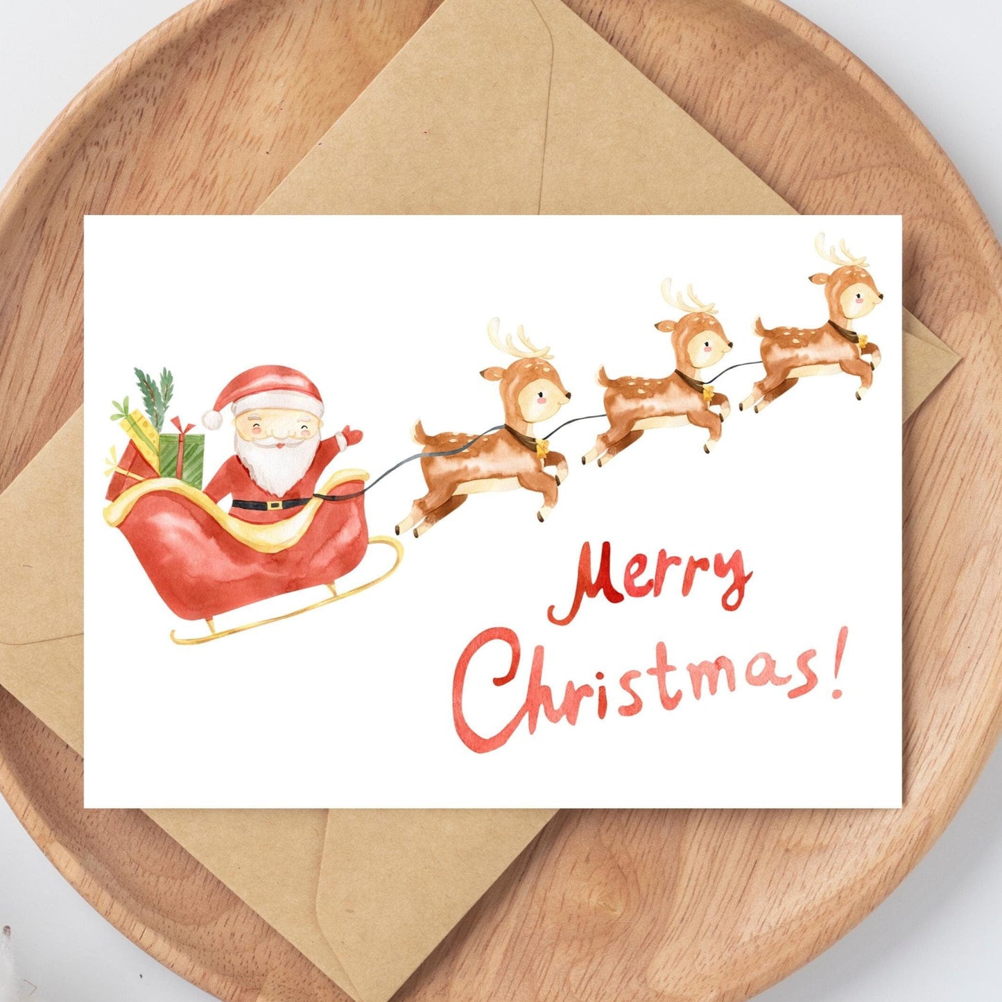 Weihnachtskarte Weihnachtsschlitten Merry Christmas A6: Liebevoll gestaltete Karte mit Santa Claus und Rentieren, auf hochwertigem, mattem Naturpapier gedruckt.
