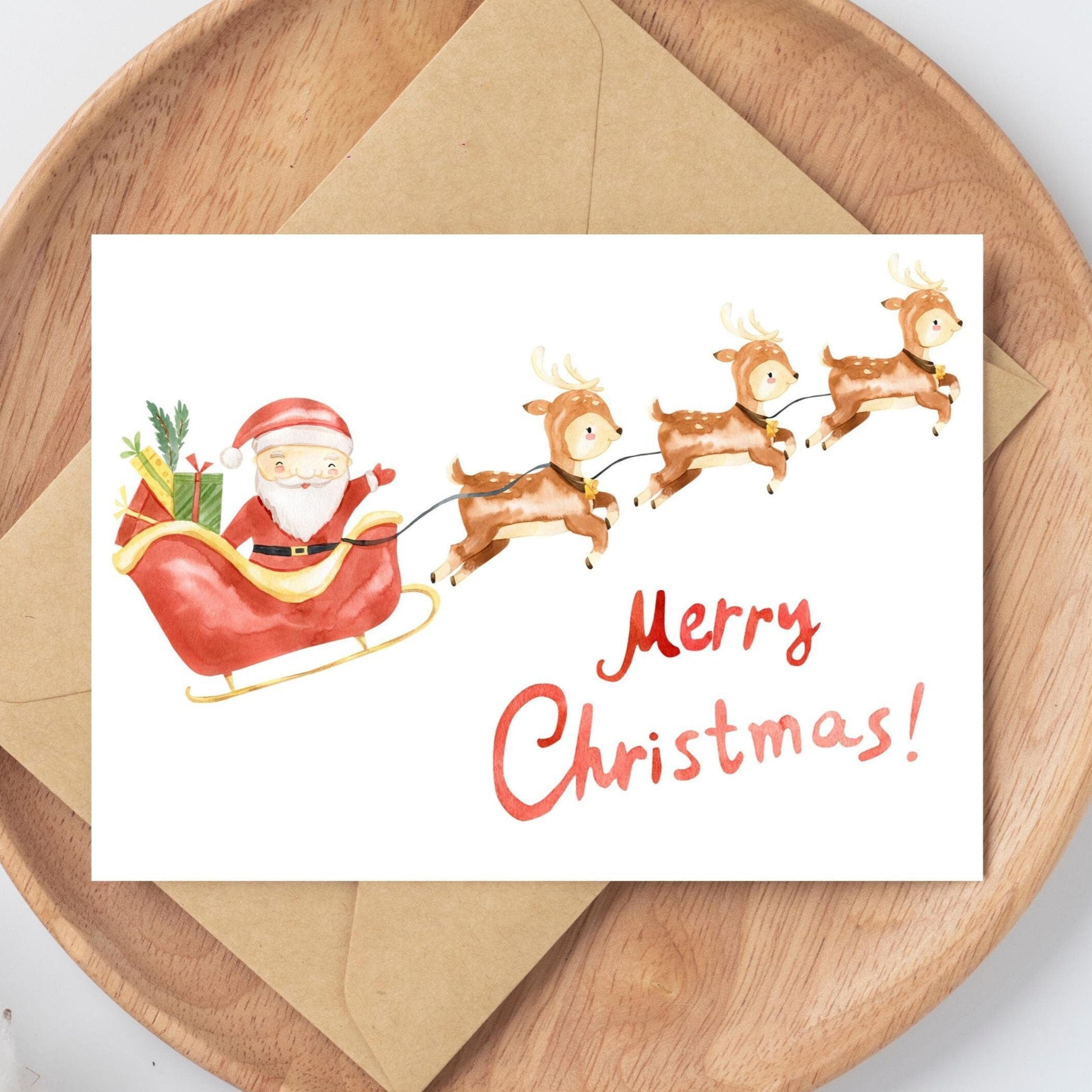 Weihnachtskarte Weihnachtsschlitten Merry Christmas A6: Liebevoll gestaltete Karte mit Santa Claus und Rentieren, auf hochwertigem, mattem Naturpapier gedruckt.