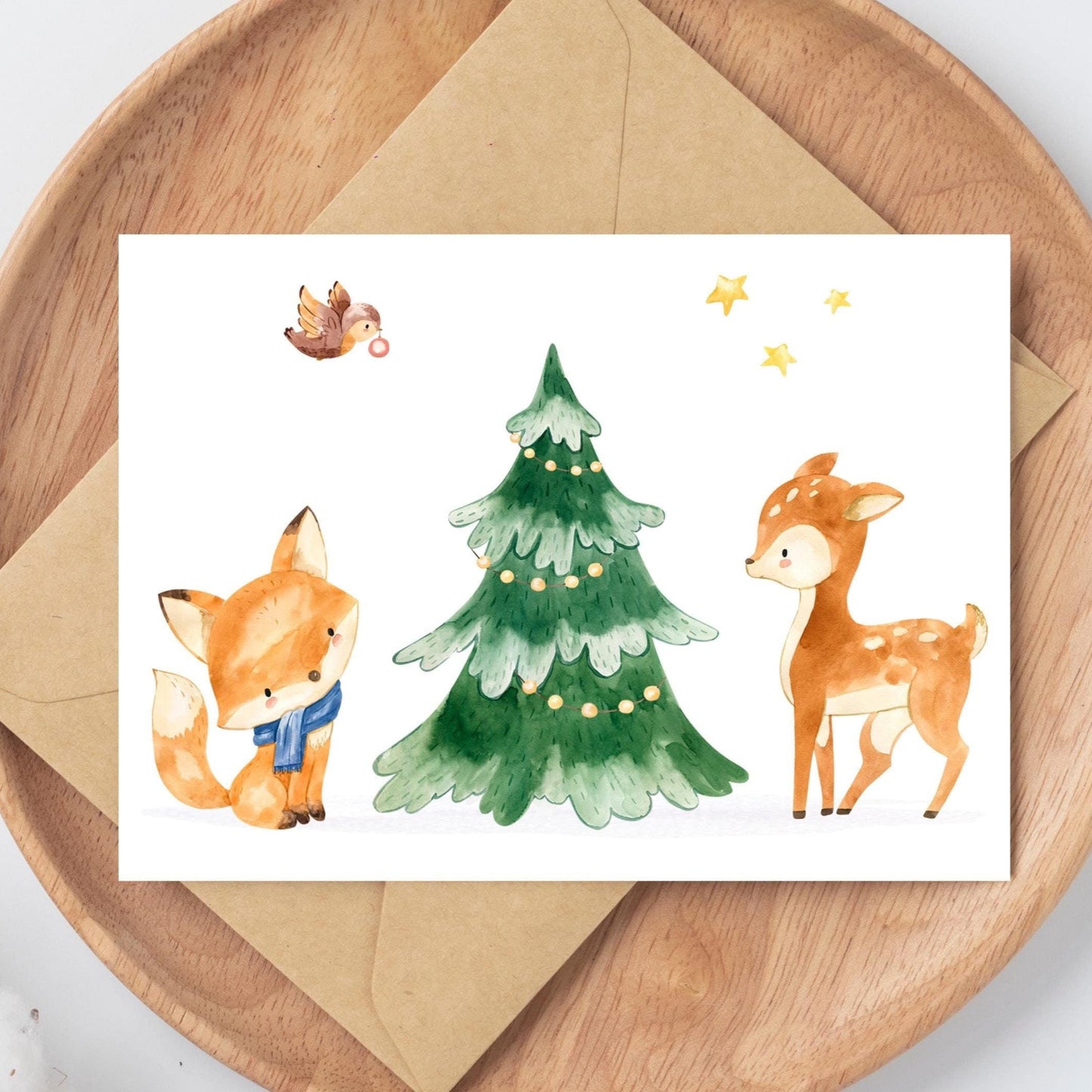Weihnachtskarte Reh & Fuchs A6 mit Aquarellillustrationen von einem Baum, Fuchs und Reh auf hochwertigem Naturpapier, perfekt für Weihnachtsgrüße.
