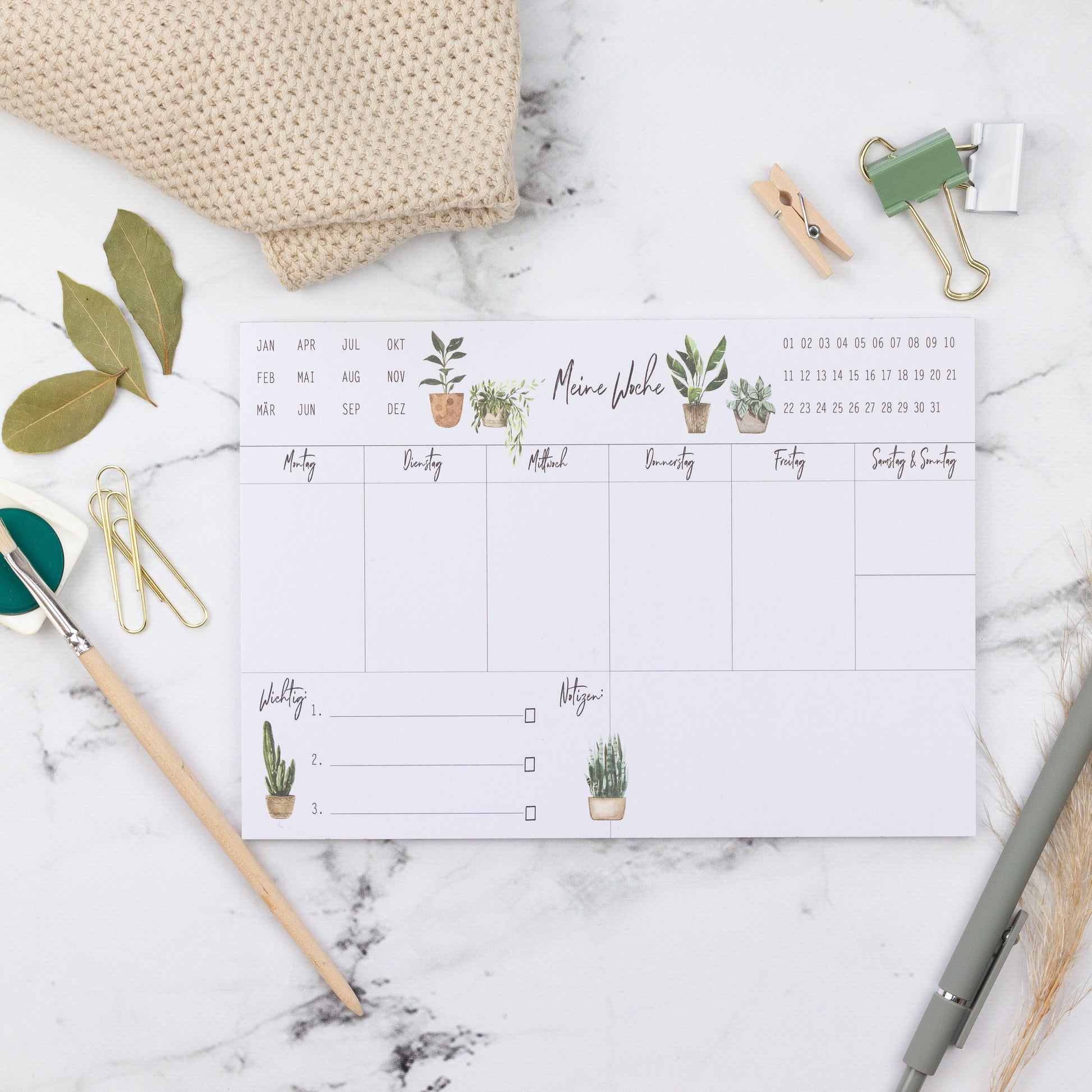 Wochenplaner Pflanzen A5 Block: Kalender mit Pflanzenillustrationen, Leimblock zum Abreißen, 50 Blatt, Platz für Termine, Notizen und To-dos.