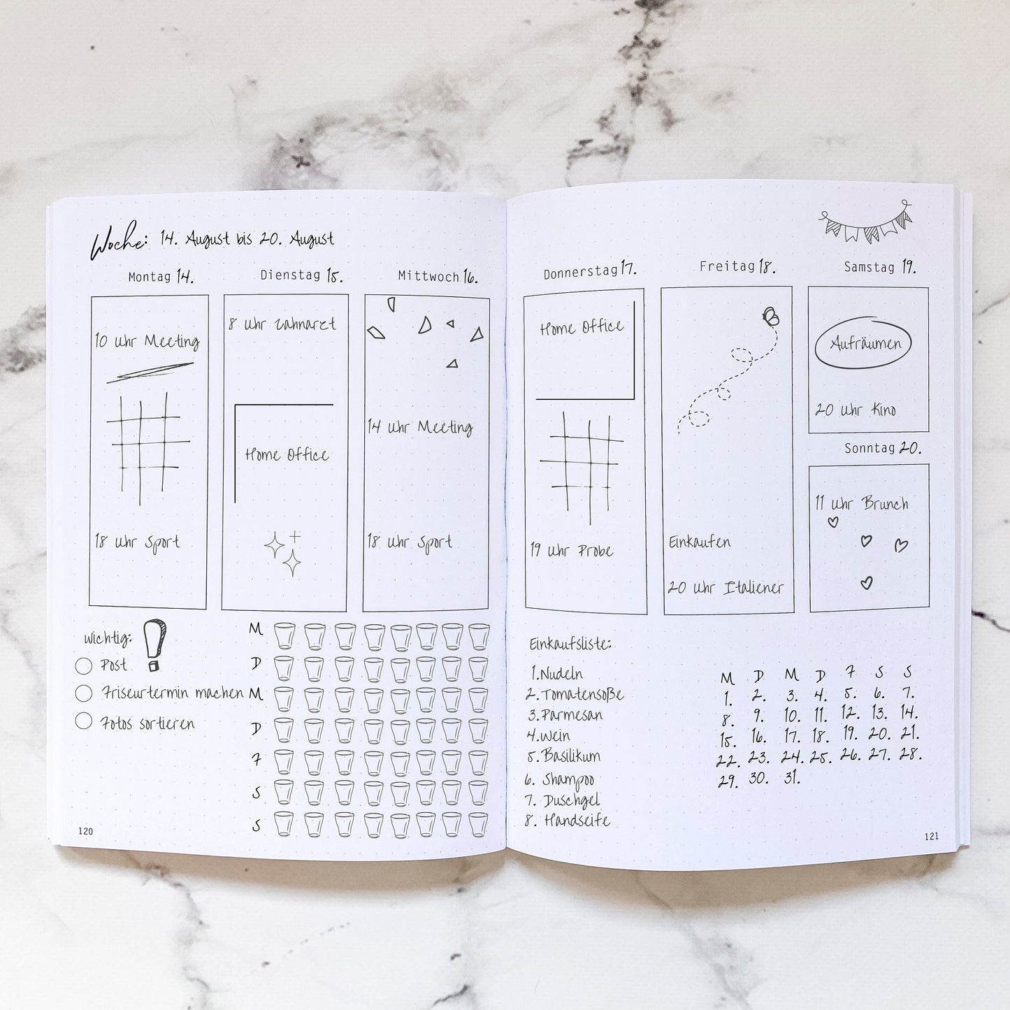 Bullet Journal Planer A5 Softcover mit vorgefertigten Übersichten, Notizseiten und Listen, ideal zur individuellen Gestaltung und Planung.