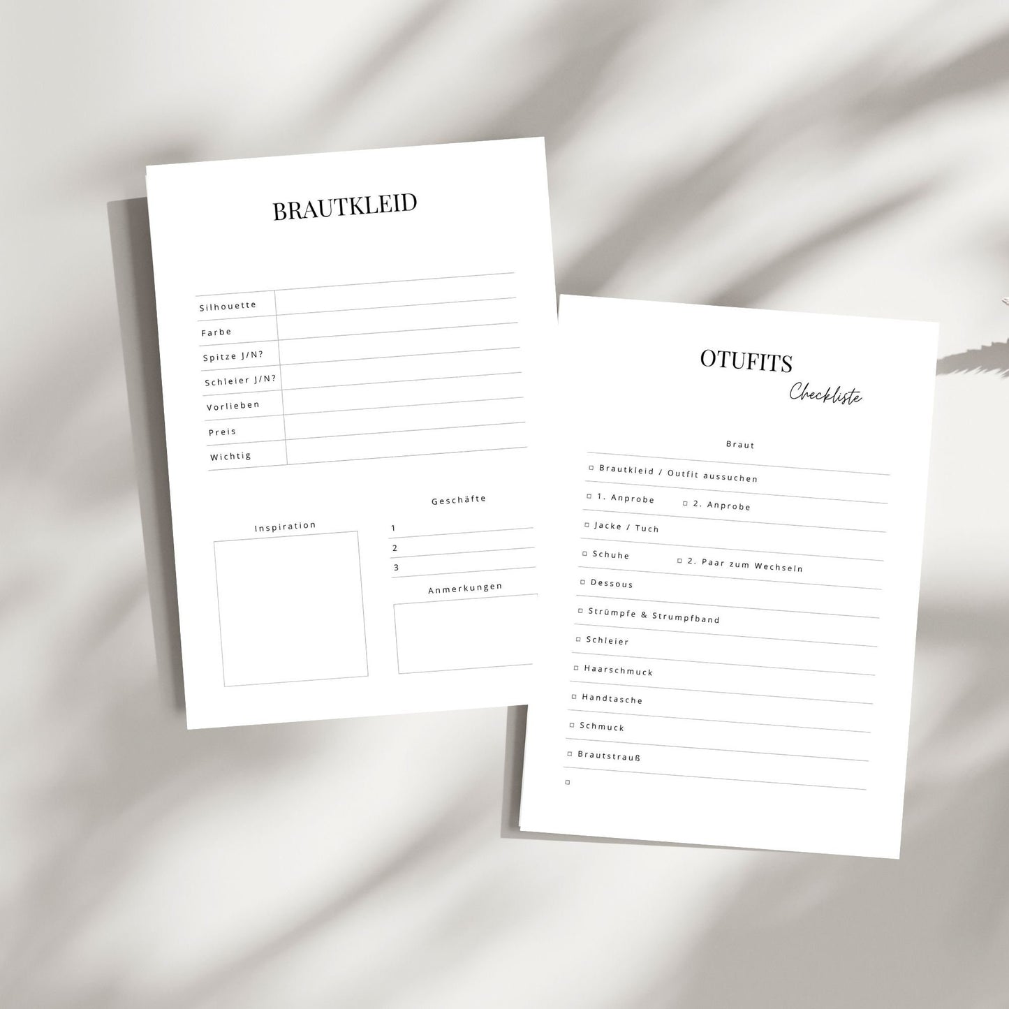 Hochzeitsplaner zum Ausdrucken & digital verwenden A4 & A5, minimalistische Vorlagen mit Checklisten und Planern für Hochzeitsvorbereitungen, auf weißen Papieren mit schwarzem Text.