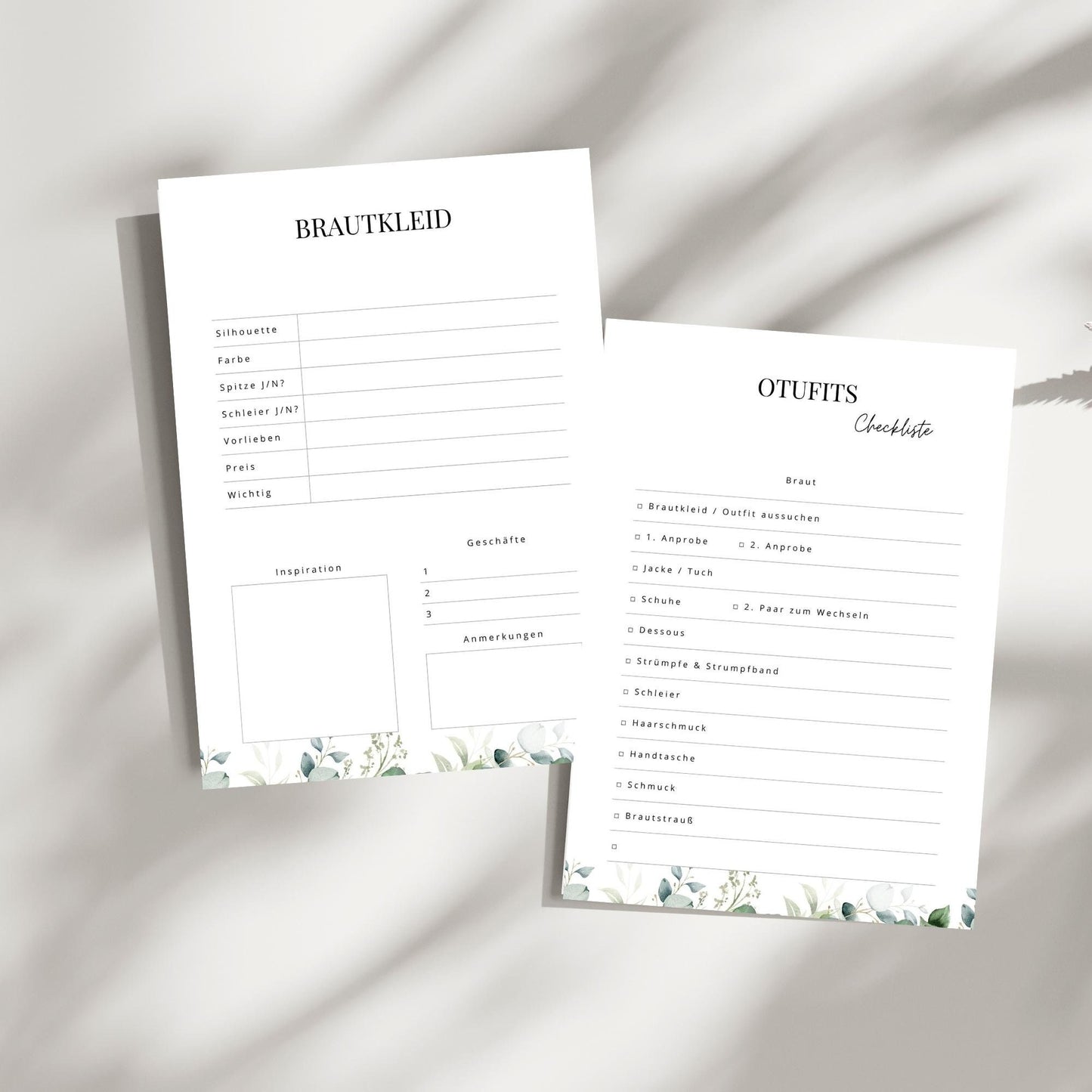 Hochzeitsplaner zum Ausdrucken & digital verwenden A4 & A5: Zwei weiße Blätter mit Text und grünen Blättern, inklusive Checklisten und Vorlagen für Hochzeitsplanung.