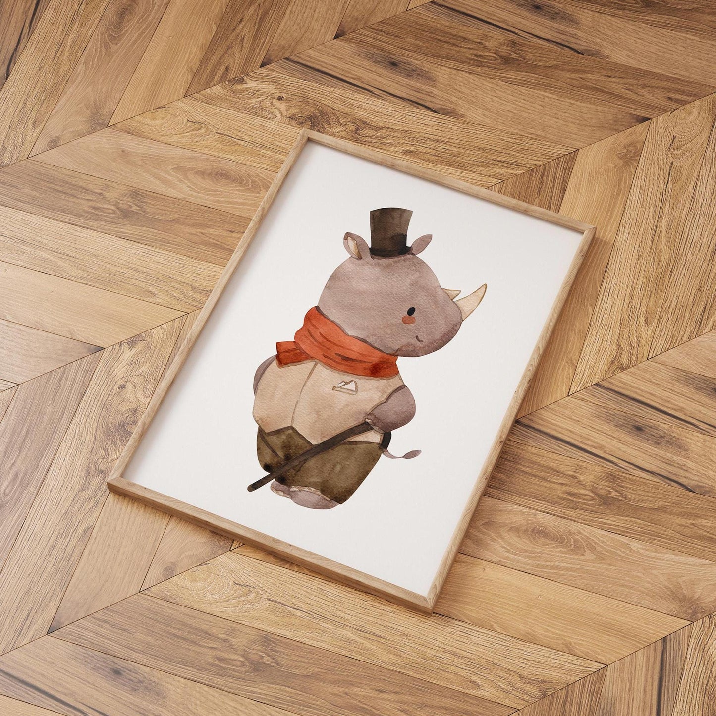 Poster Nashorn Vintage A3 & A4: Ein fantasievolles Kinderzimmer-Poster mit einem illustrierten Nashorn, auf hochwertigem 300g Naturpapier gedruckt, passend als Geschenk oder Dekoration.