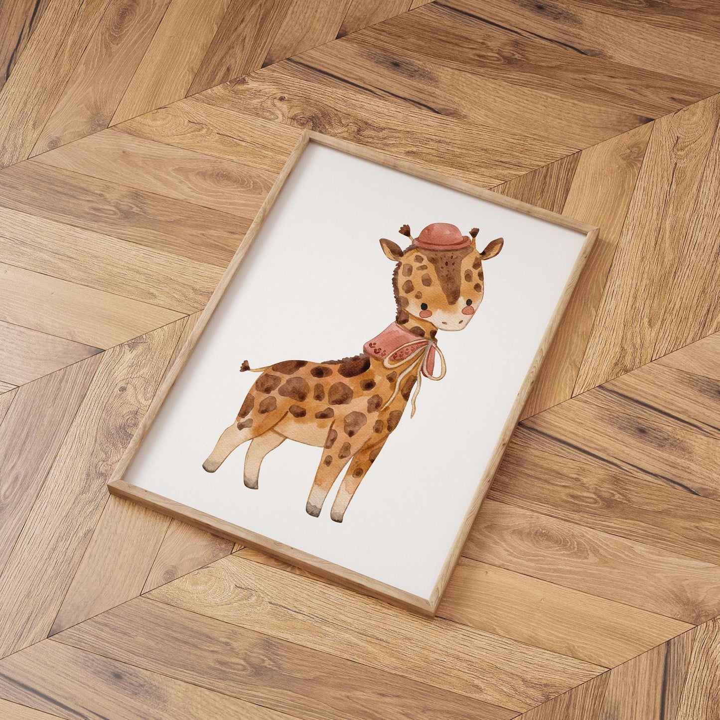 Poster Giraffe Vintage A3 & A4: fantasievolle Giraffe mit Hut und Schal, ideal für Kinderzimmer, auf hochwertigem, mattem Naturpapier gedruckt.