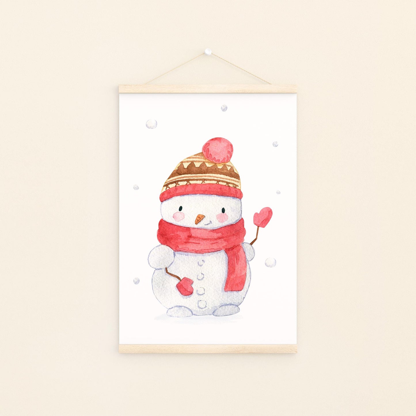 Weihnachtsposter Schneemann A3, A4 & A5: handgemalter, fröhlicher Schneemann mit Hut und Schal, ideal als Kinderzimmerdeko und Weihnachtsgeschenk. An Bildleiste.