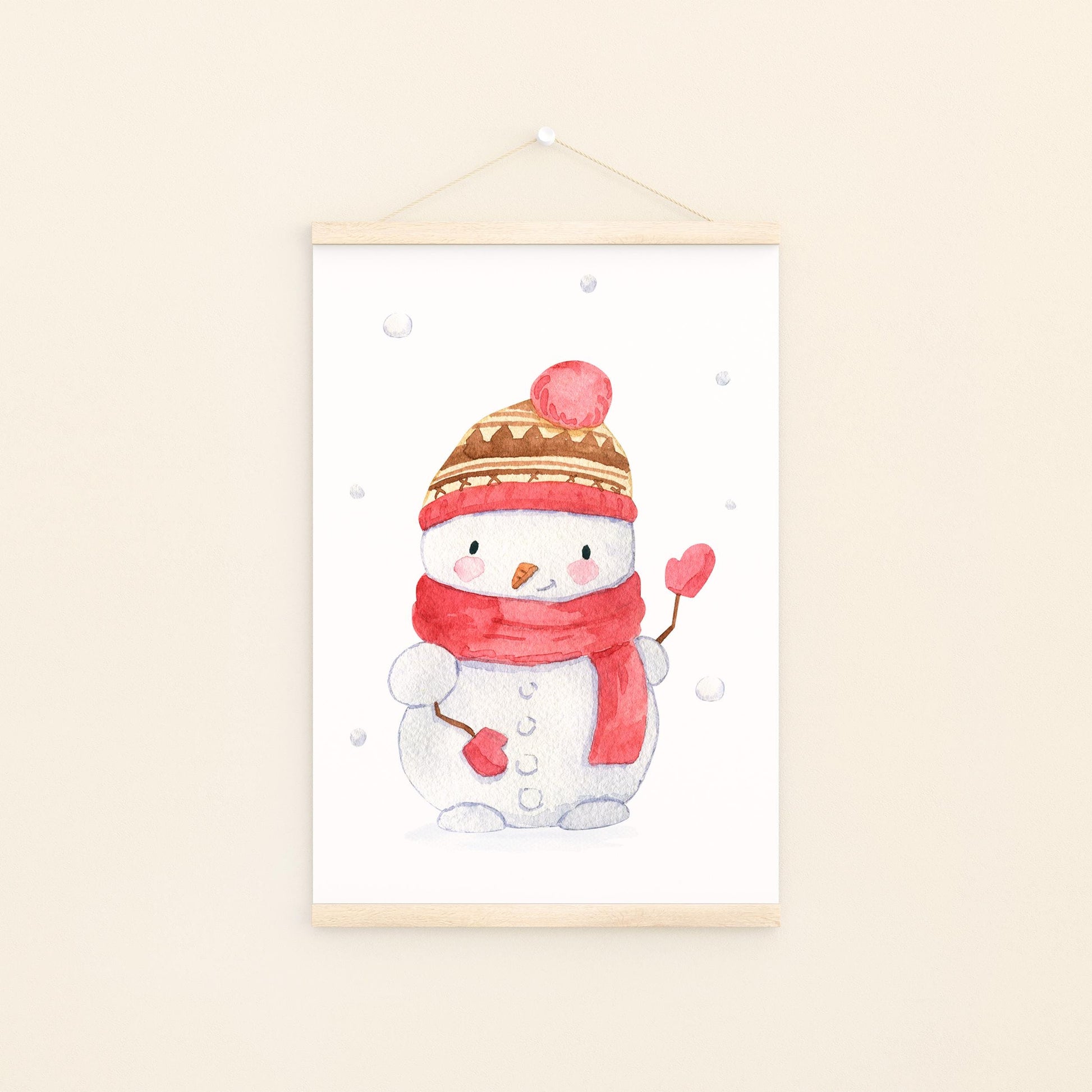 Weihnachtsposter Schneemann A3, A4 & A5: handgemalter, fröhlicher Schneemann mit Hut und Schal, ideal als Kinderzimmerdeko und Weihnachtsgeschenk. An Bildleiste.