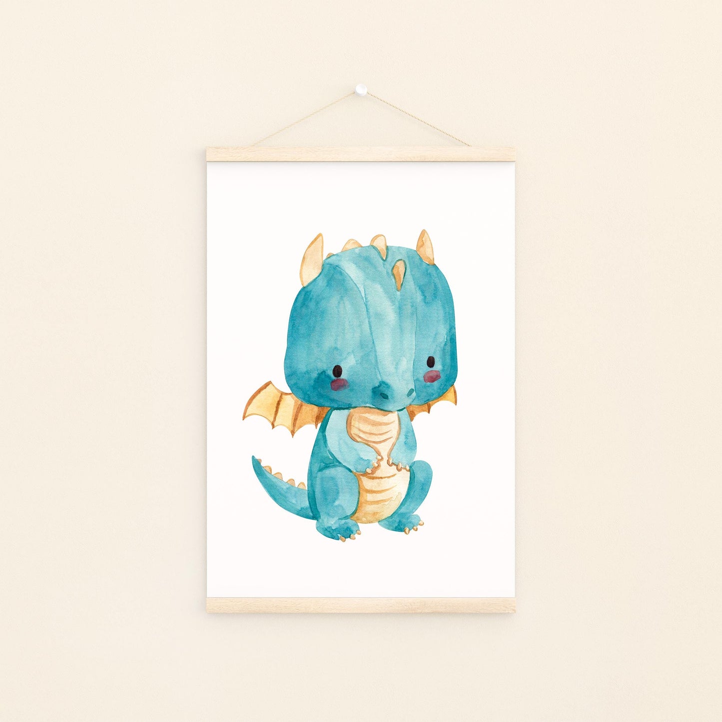 Poster Baby-Drache Blau A3 & A4: niedlicher blauer Drache im Aquarellstil, ideal als Kinderzimmerdeko auf hochwertigem, mattem Naturpapier. An Bildleiste.