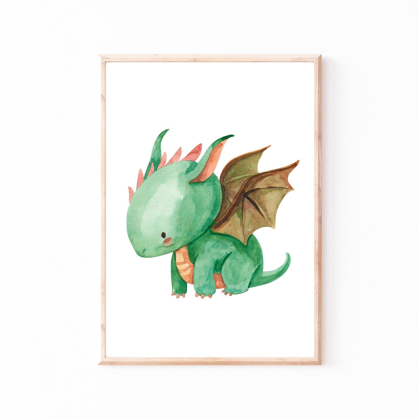 Poster Baby-Feuerdrache A3 & A4: niedlicher grüner Drache als Aquarellzeichnung, ideal zur Dekoration von Kinderzimmern. Hochwertiger Druck auf stabilem Naturpapier.